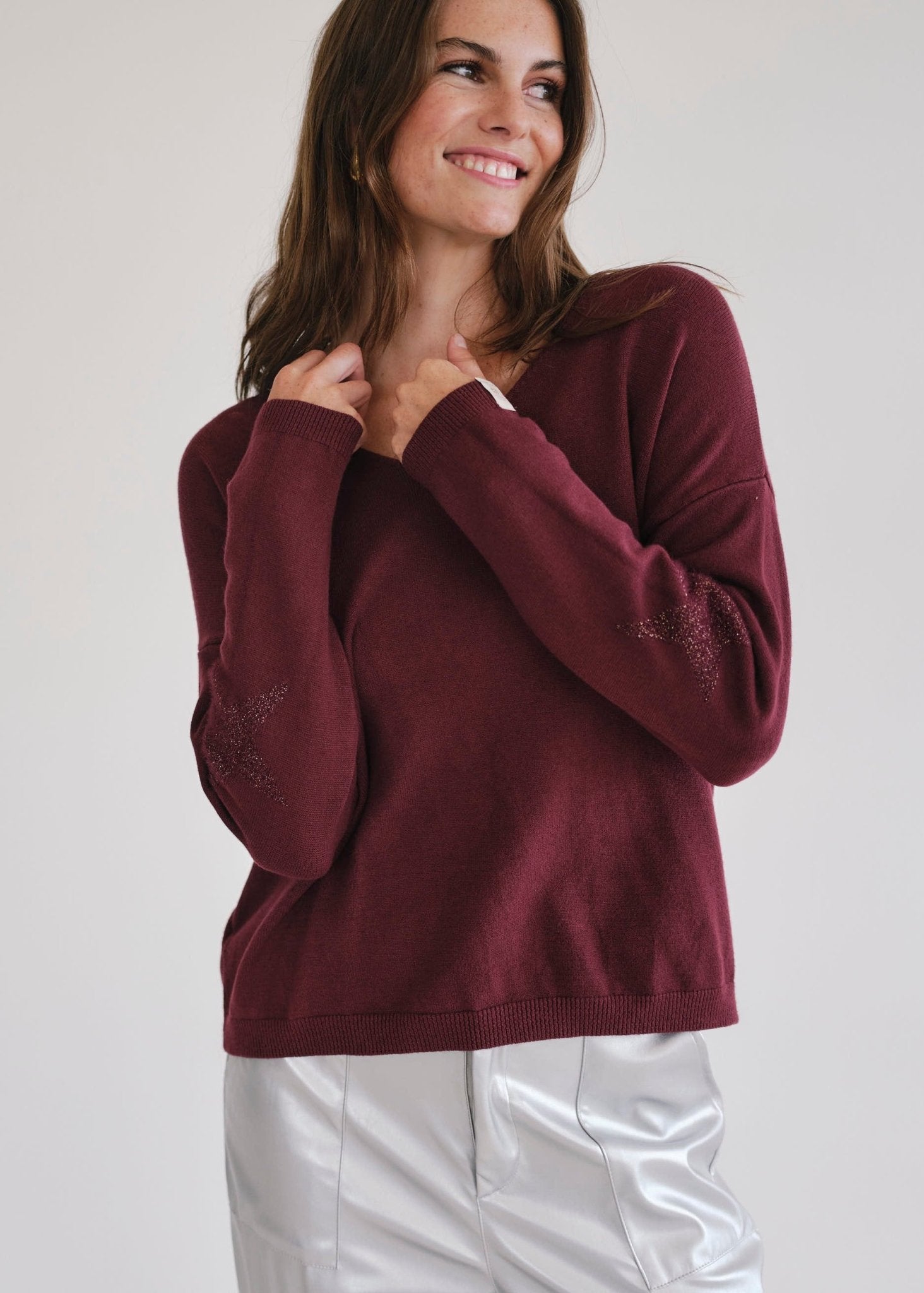 View our Burgundy V Neck knit with Star on Elbow - by Tribute Store