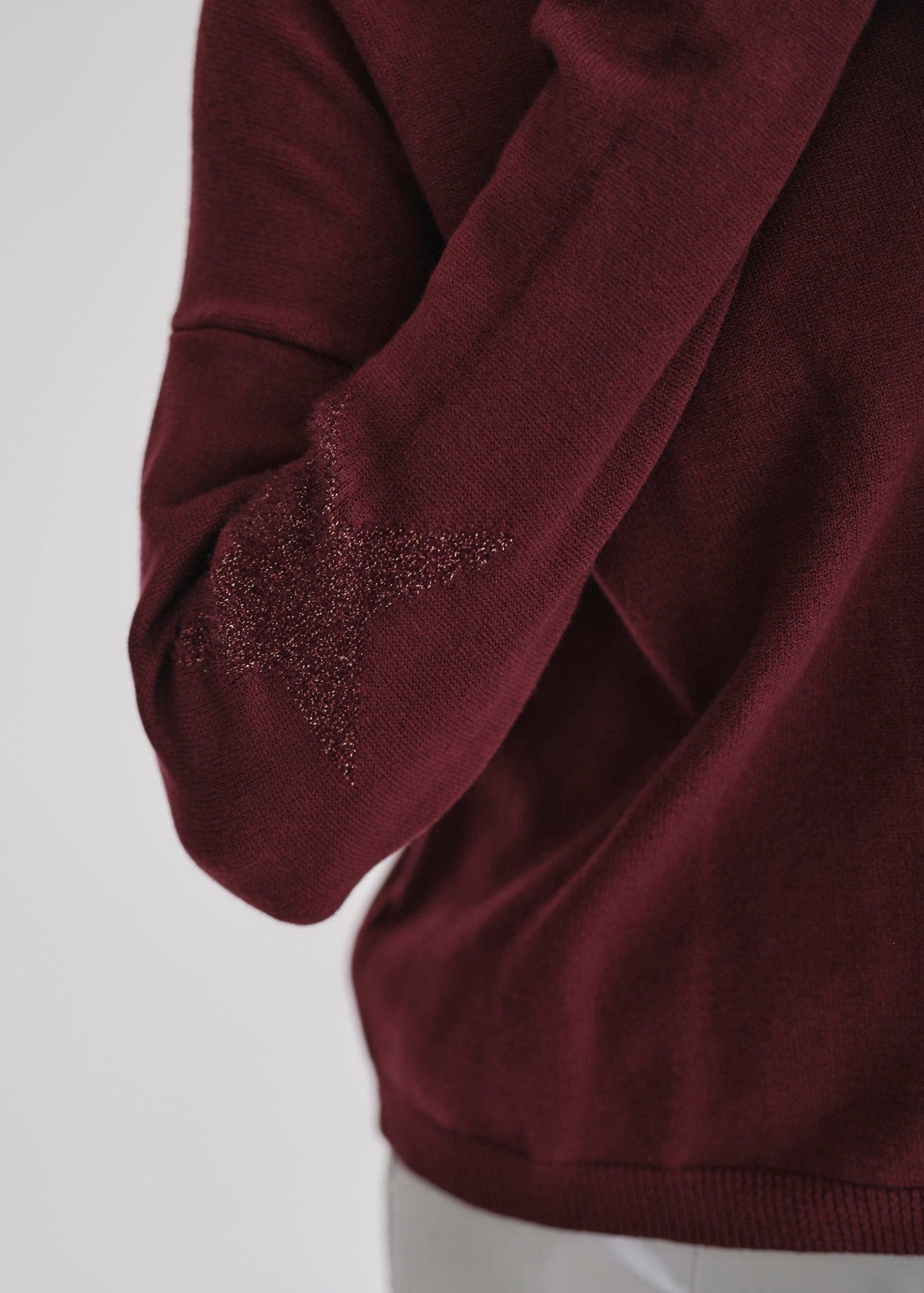 View our Burgundy V Neck knit with Star on Elbow - by Tribute Store