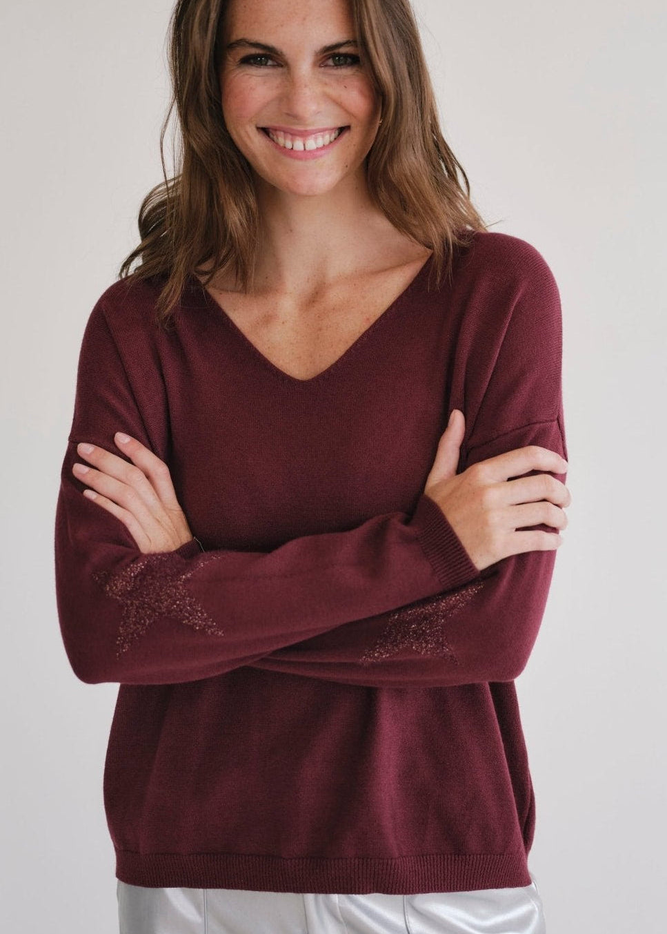 View our Burgundy V Neck knit with Star on Elbow - by Tribute Store