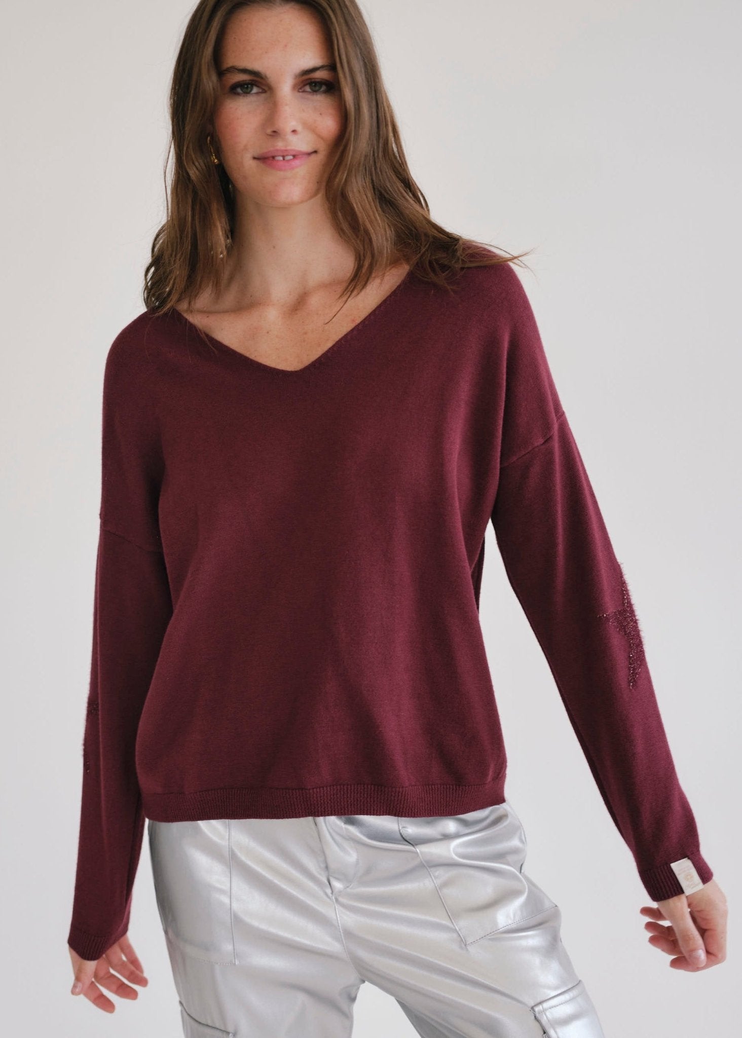 View our Burgundy V Neck knit with Star on Elbow - by Tribute Store
