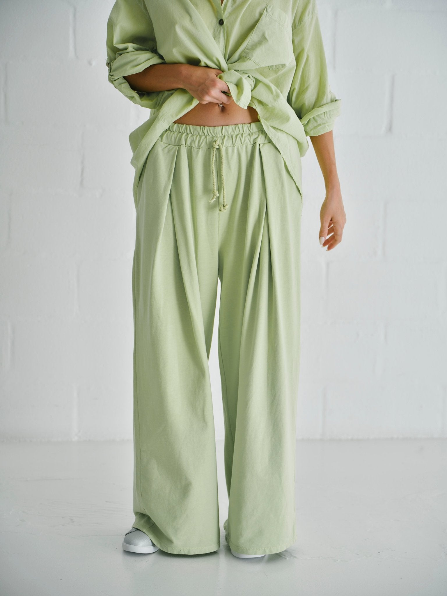 View our Calabria Italian Wide Leg Tracksuit Pants Apple Green - by Tribute Store