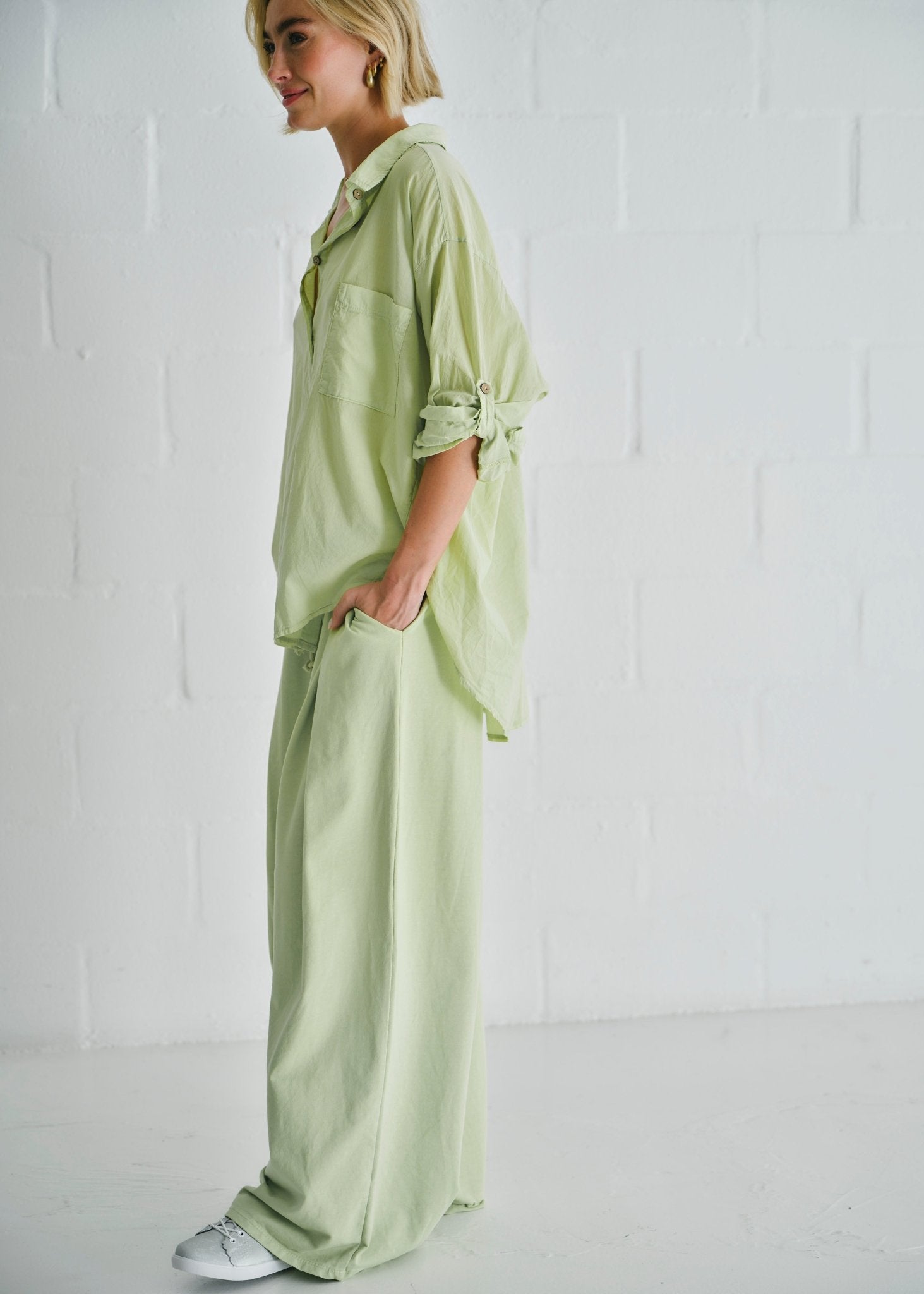 View our Calabria Italian Wide Leg Tracksuit Pants Apple Green - by Tribute Store