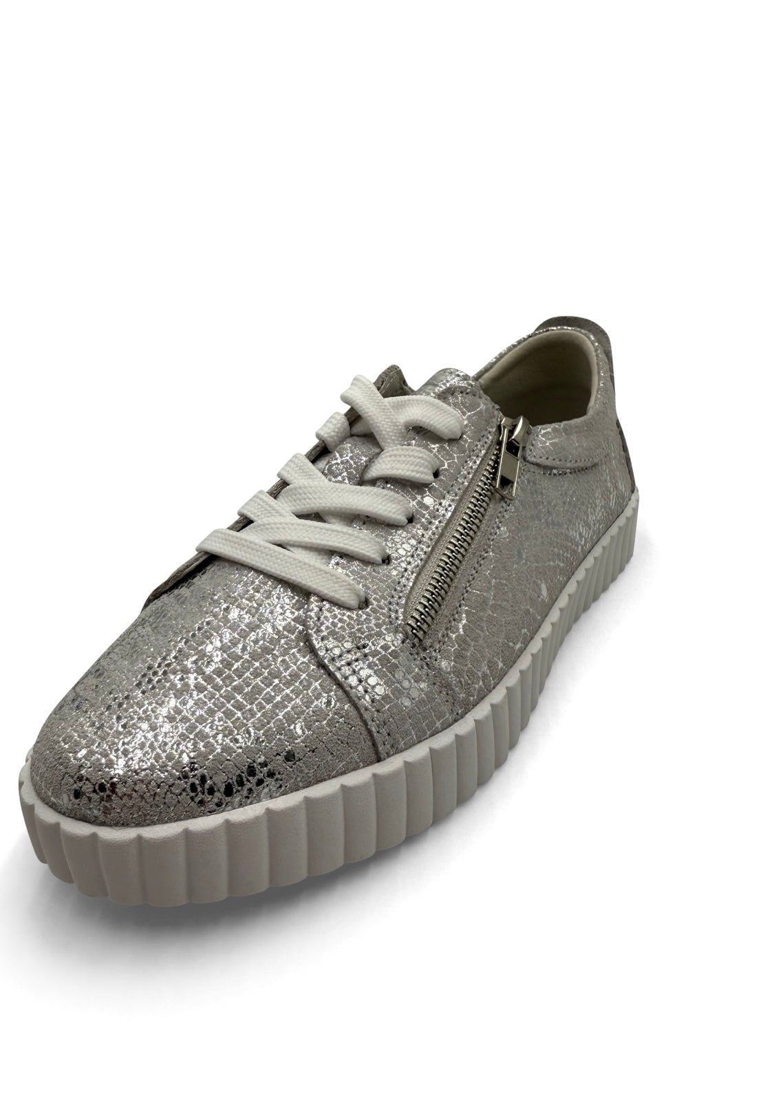 View our Callie Leather Sneaker With Silver Snake Print - by Tribute Store