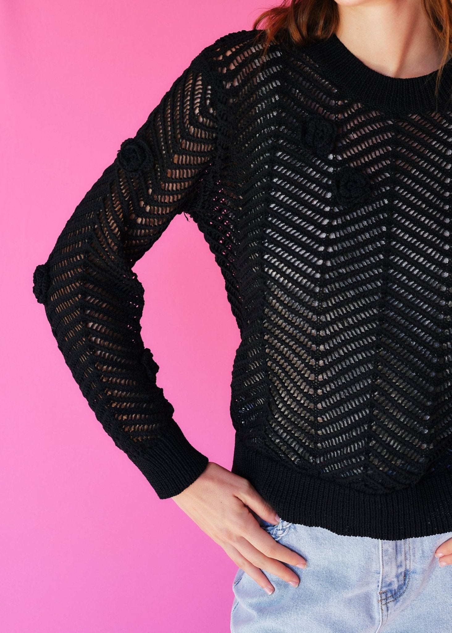 View our Camellia Knitted Open Weave Jumper with Lurex in Black - by Tribute Store