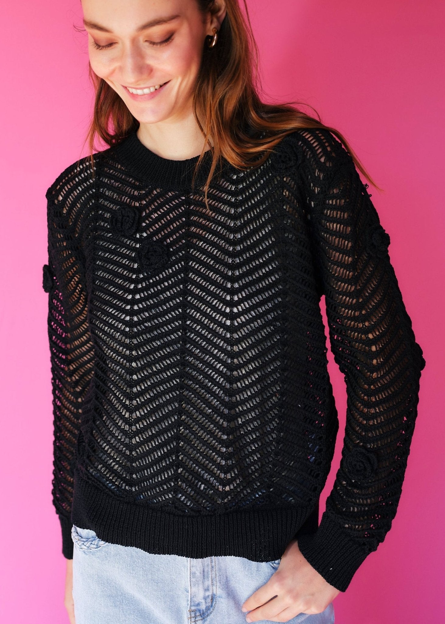 View our Camellia Knitted Open Weave Jumper with Lurex in Black - by Tribute Store