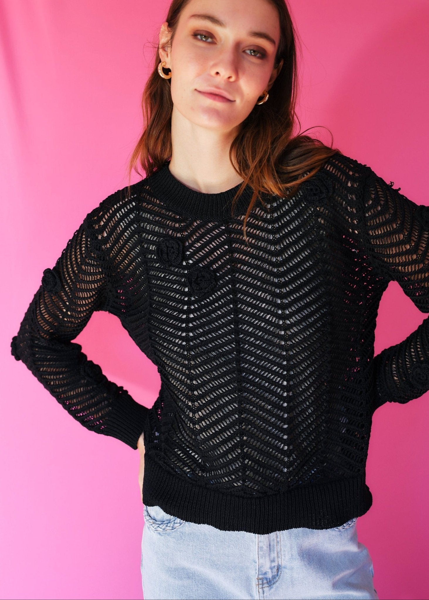 View our Camellia Knitted Open Weave Jumper with Lurex in Black - by Tribute Store