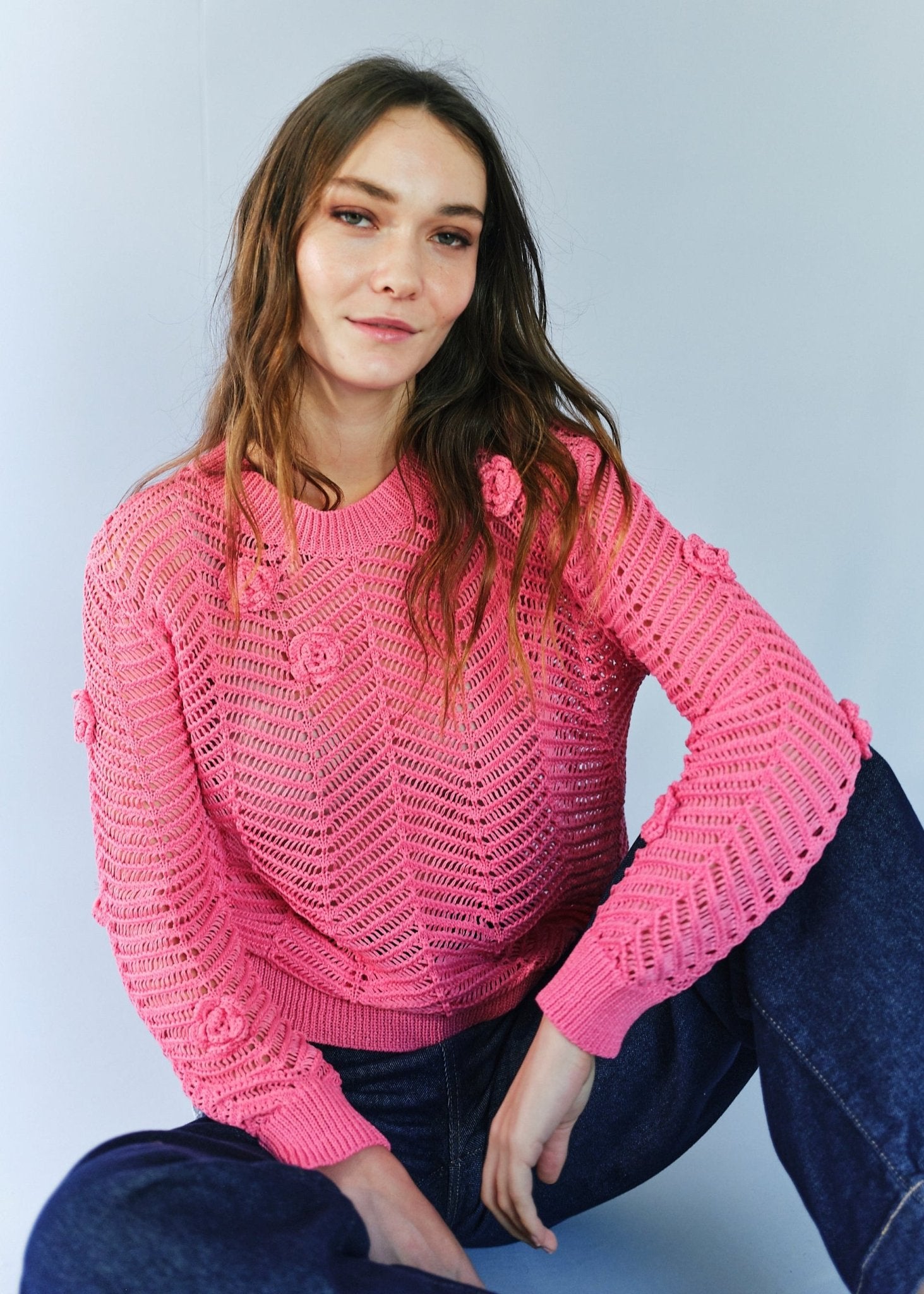 View our Camellia Knitted Open Weave Jumper with Lurex in Rose - by Tribute Store