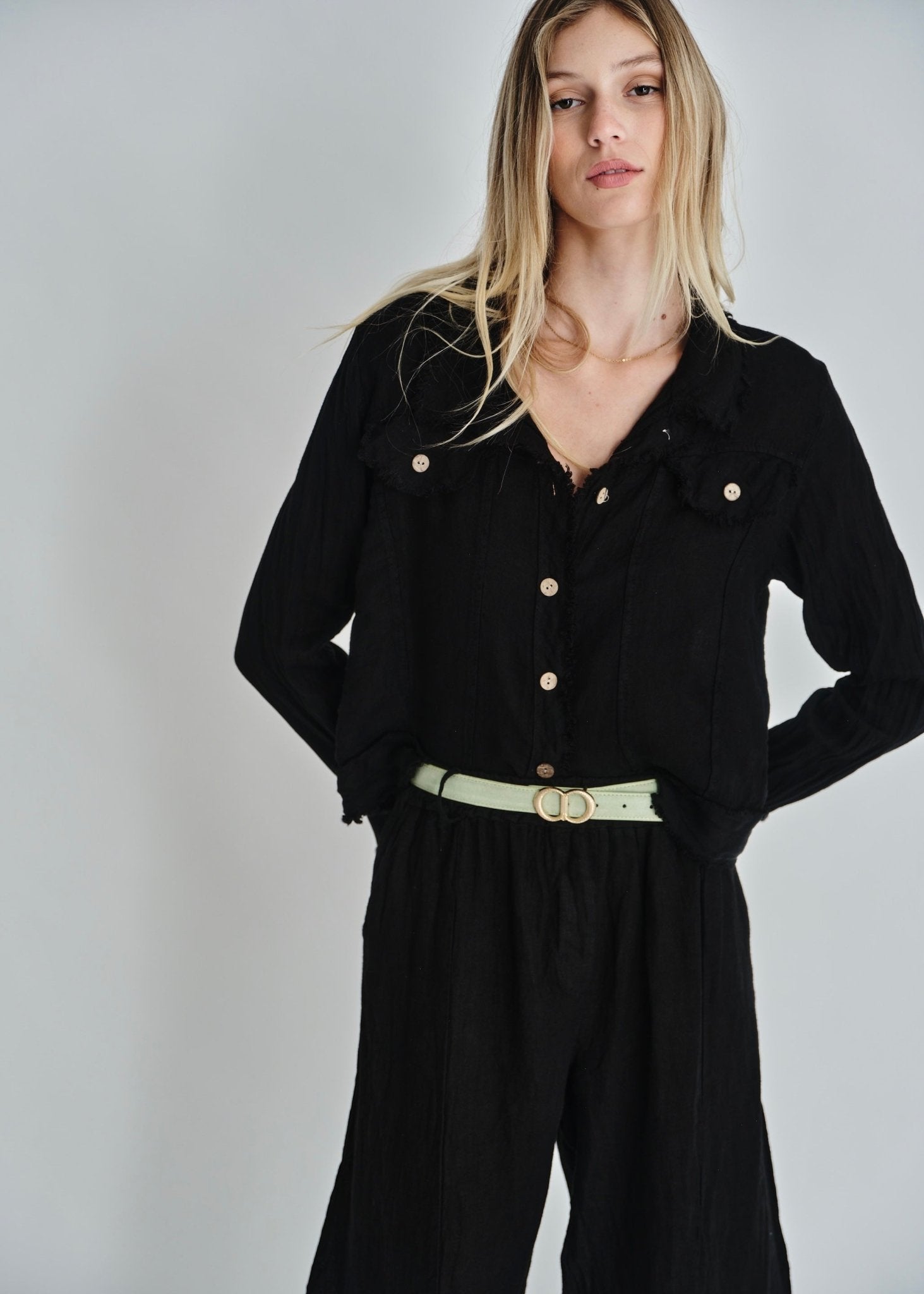 View our Camille Frayed Edge Linen Jacket In Black - by Tribute Store
