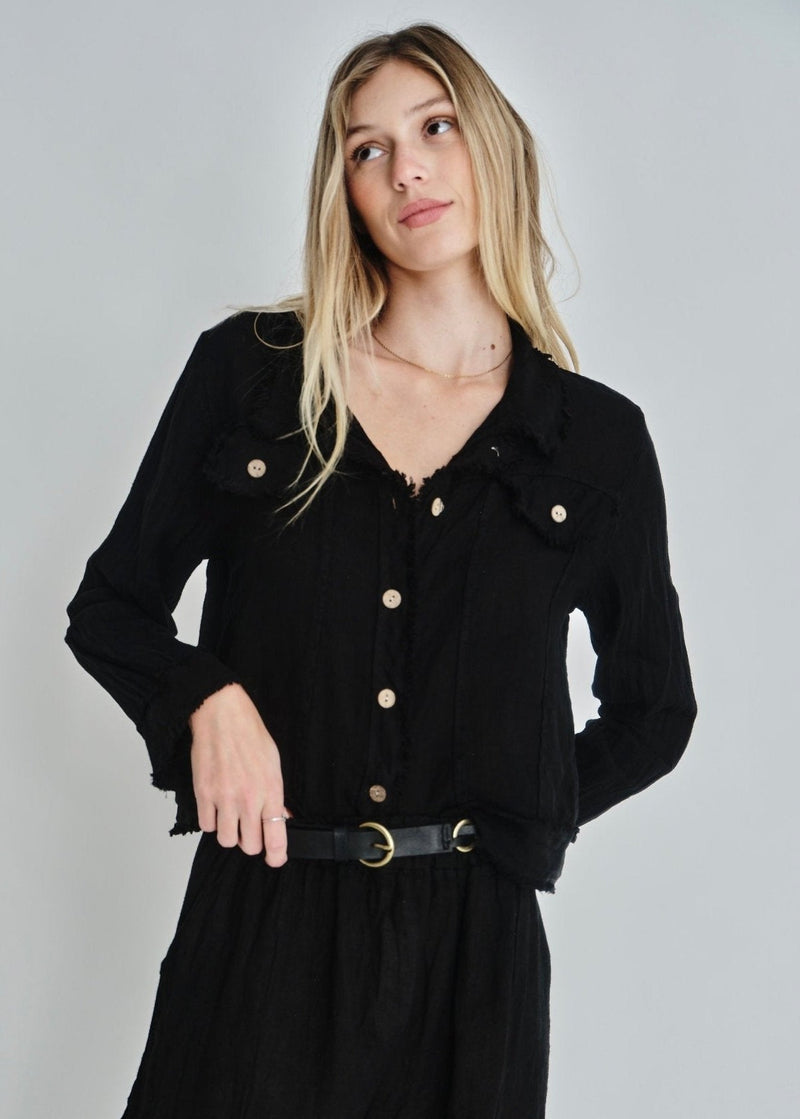 View our Camille Frayed Edge Linen Jacket In Black - by Tribute Store