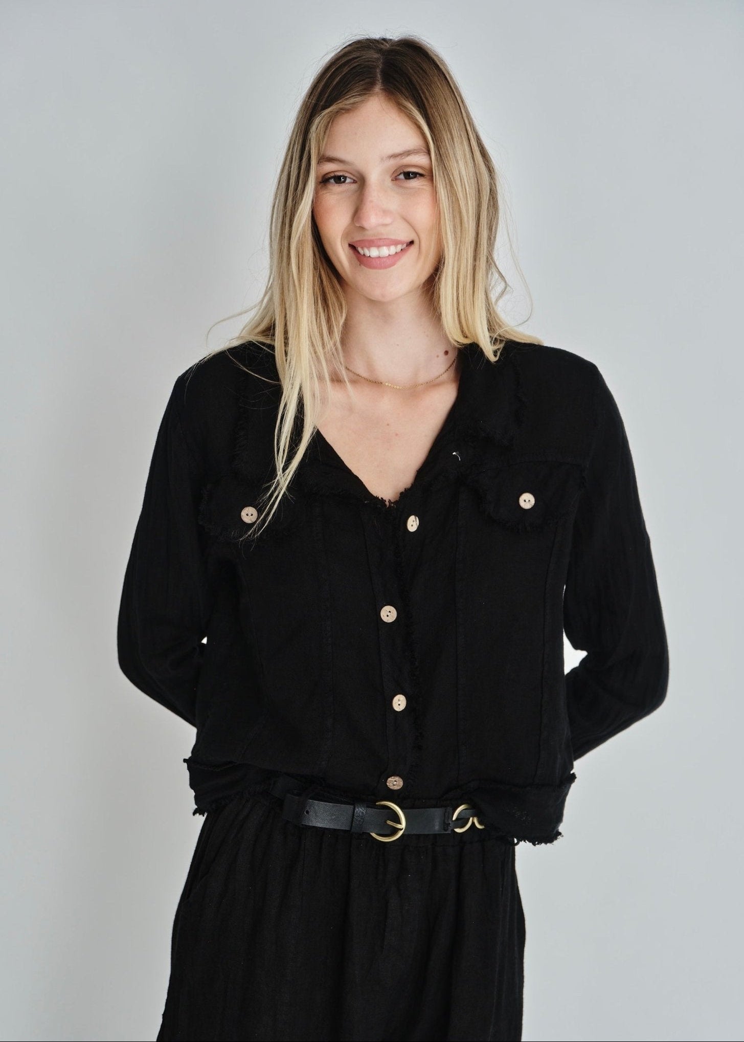 View our Camille Frayed Edge Linen Jacket In Black - by Tribute Store