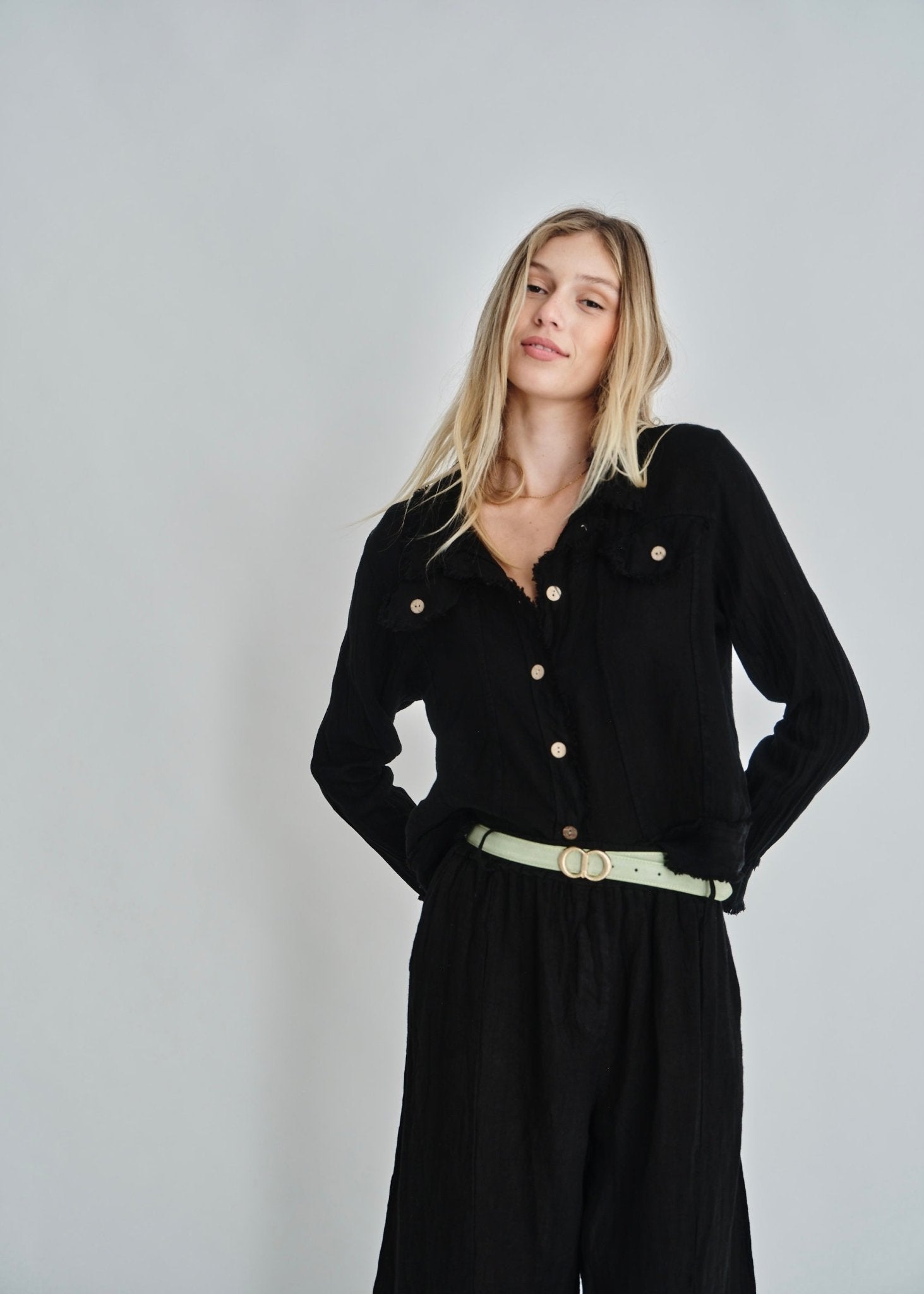 View our Camille Frayed Edge Linen Jacket In Black - by Tribute Store