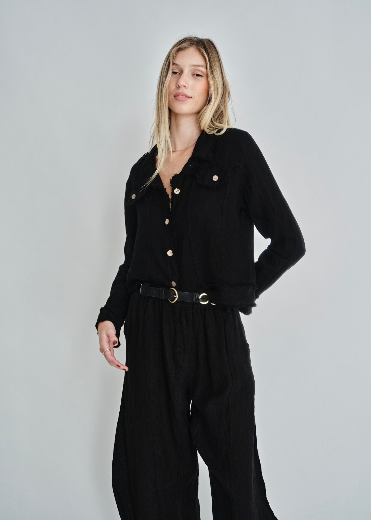 View our Camille Frayed Edge Linen Jacket In Black - by Tribute Store