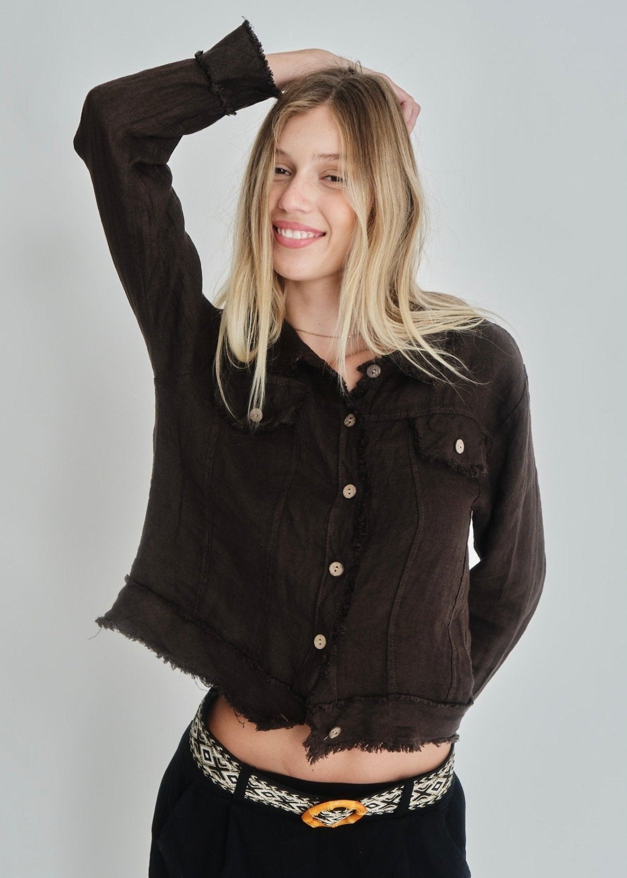 View our Camille Frayed Edge Linen Jacket In Chocolate - by Tribute Store