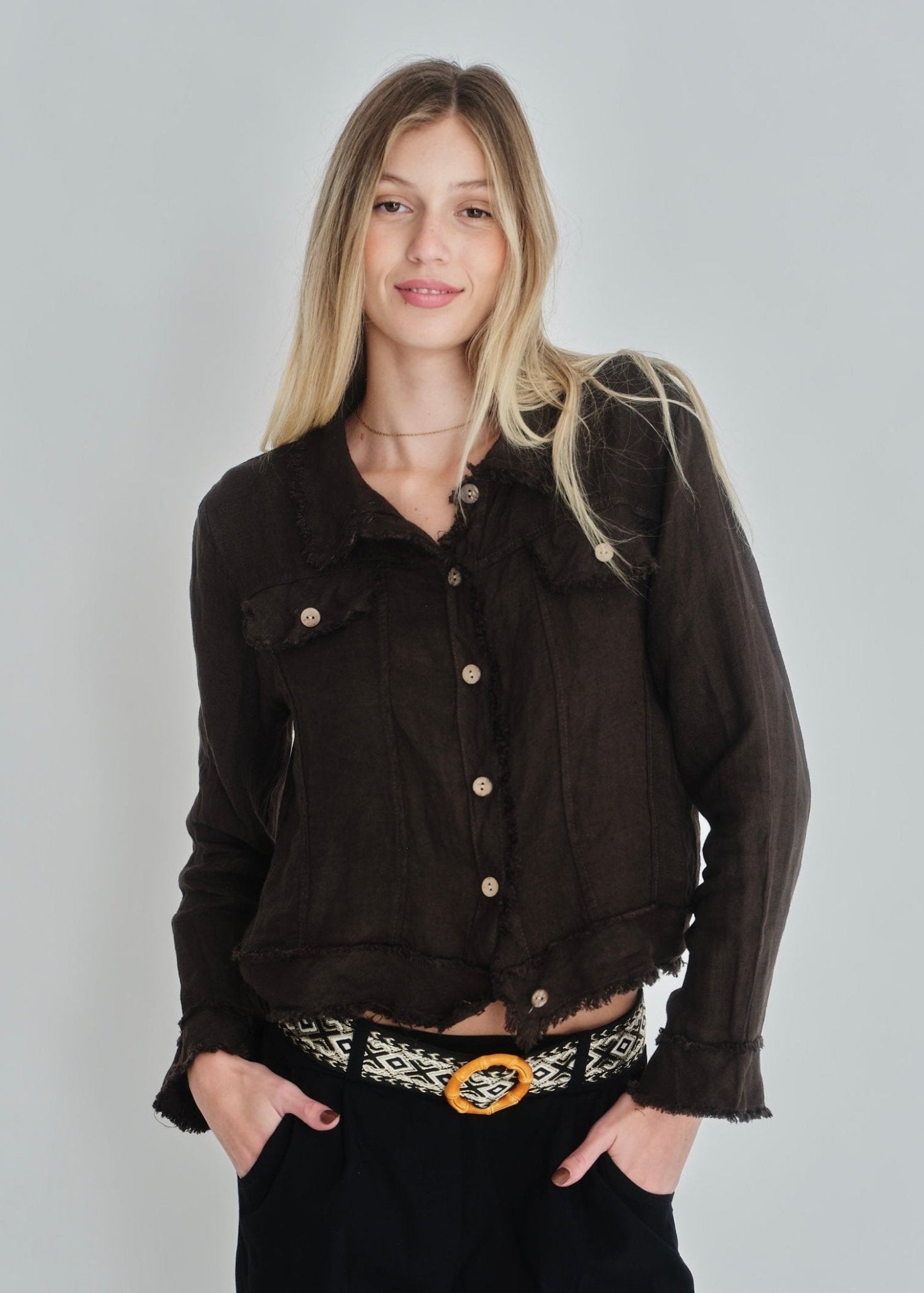 View our Camille Frayed Edge Linen Jacket In Chocolate - by Tribute Store