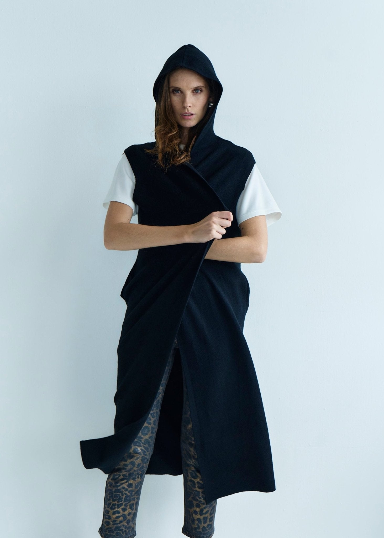 View our Camille Sleeveless Knitted Viscose Coat in Black - by Tribute Store