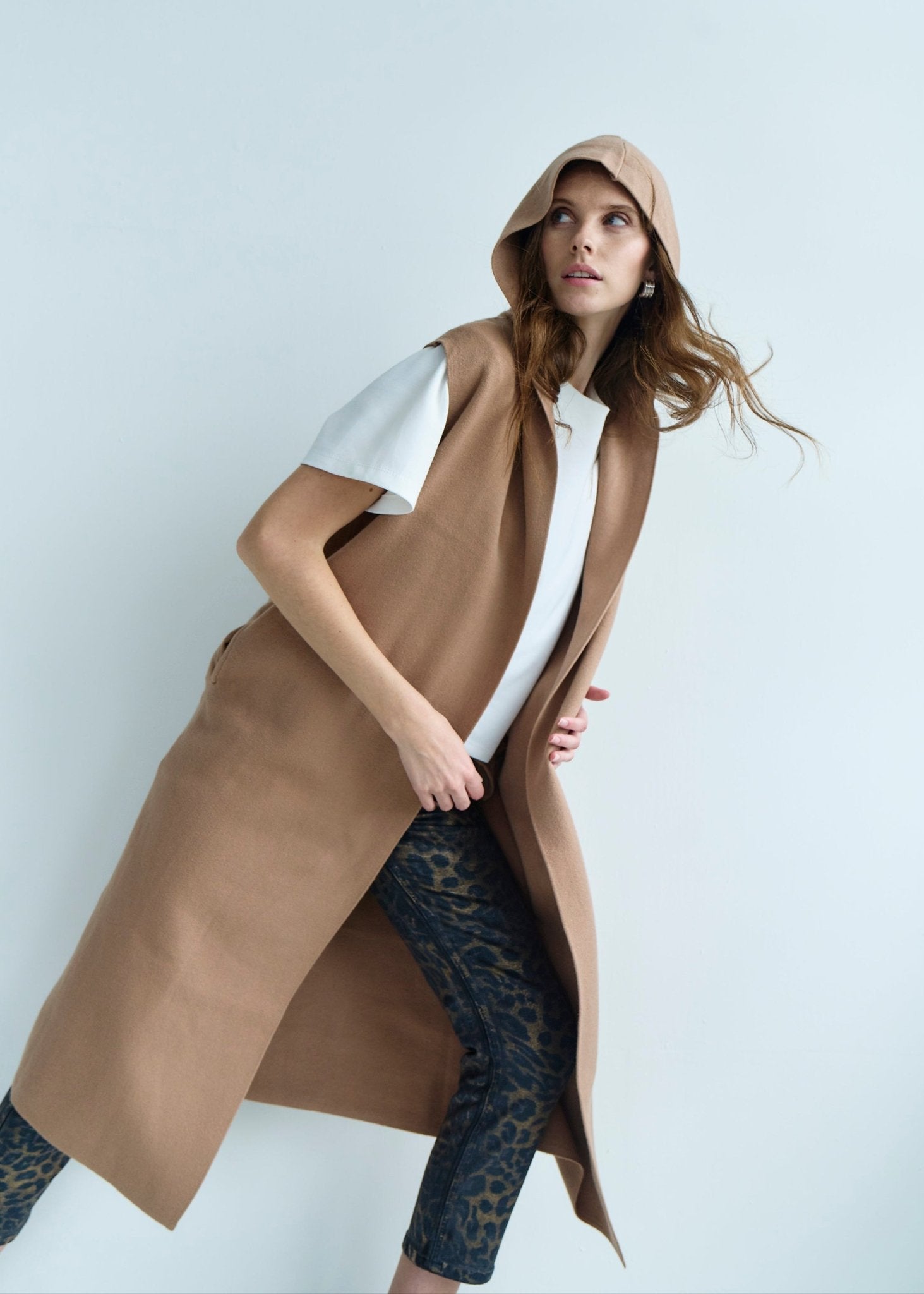 View our Camille Sleeveless Knitted Viscose Coat in Caramel - by Tribute Store