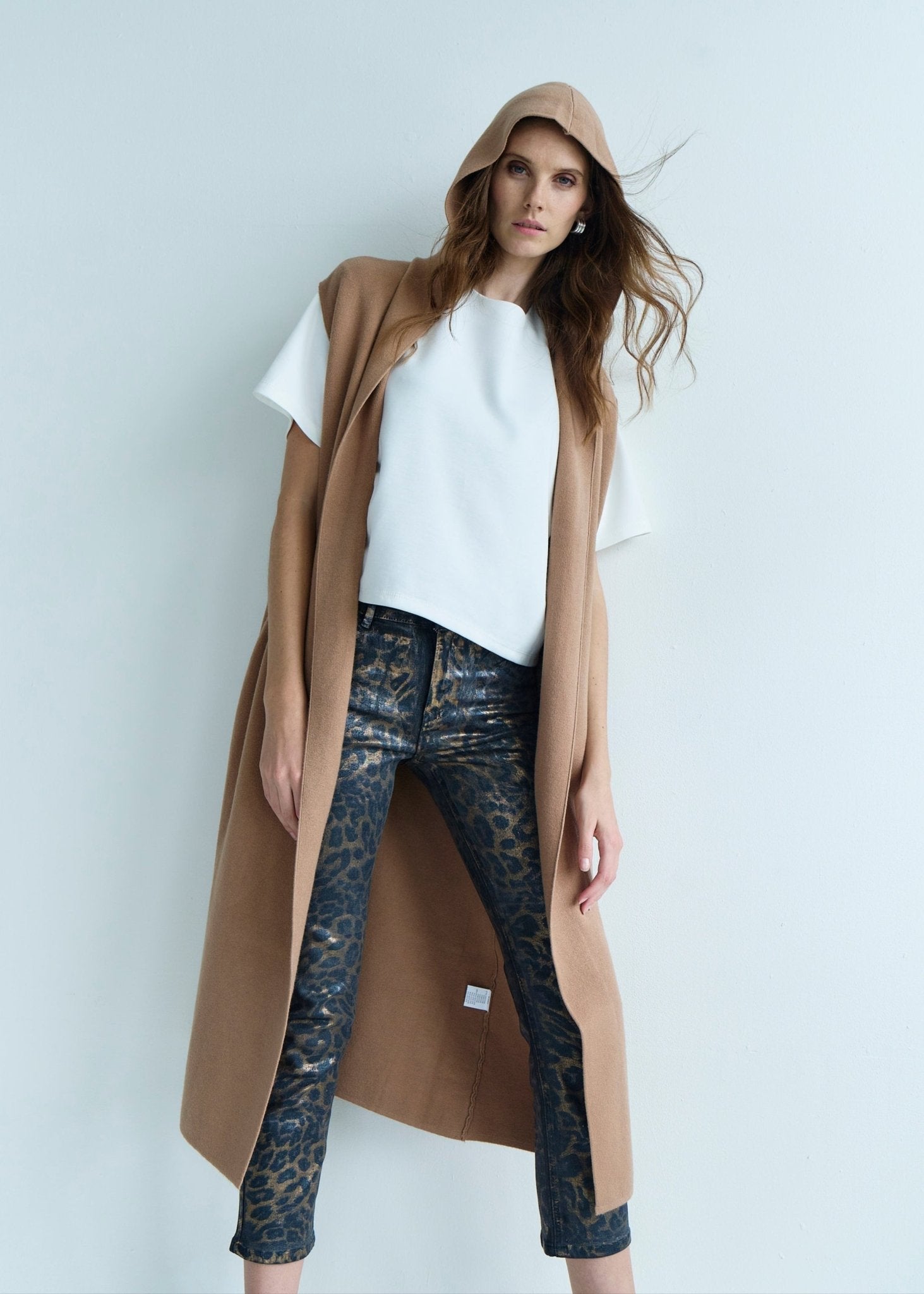 View our Camille Sleeveless Knitted Viscose Coat in Caramel - by Tribute Store