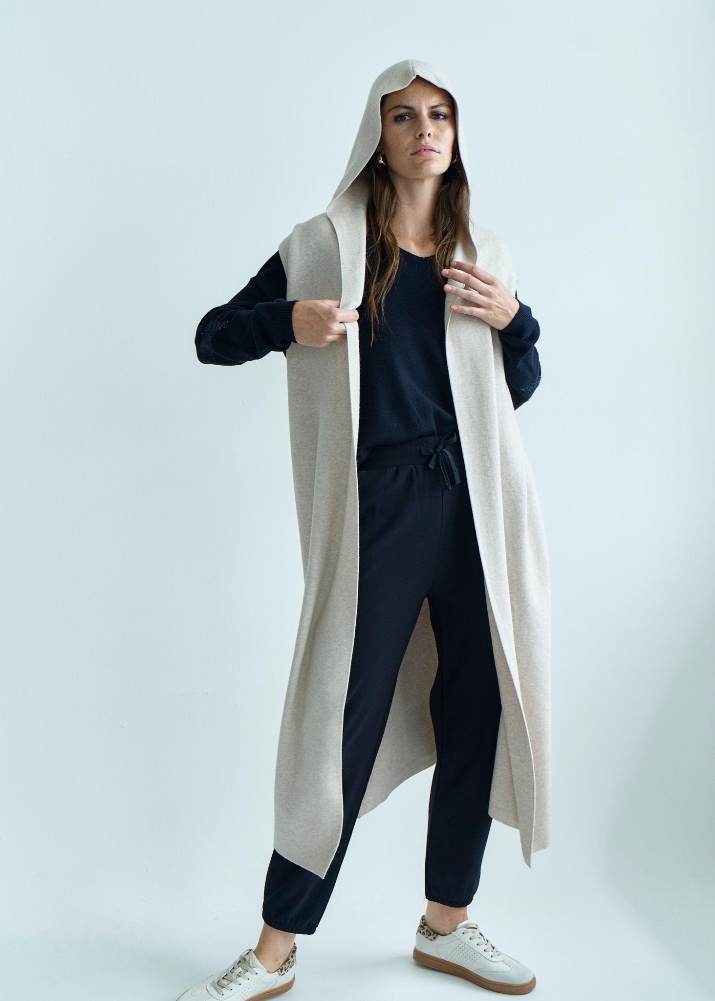 View our Camille Sleeveless Knitted Viscose Coat in Cream - by Tribute Store