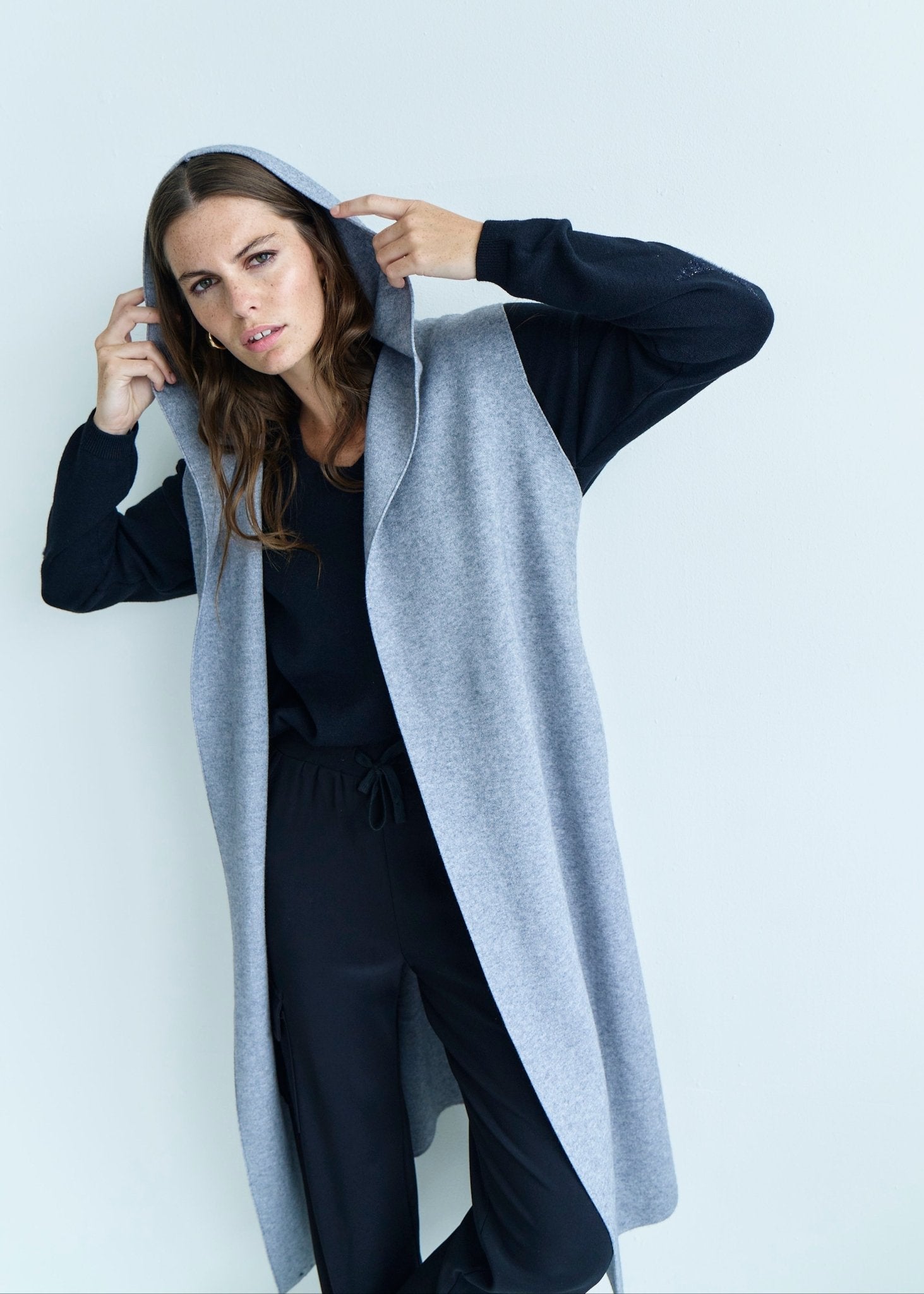 View our Camille Sleeveless Knitted Viscose Coat in Grey - by Tribute Store
