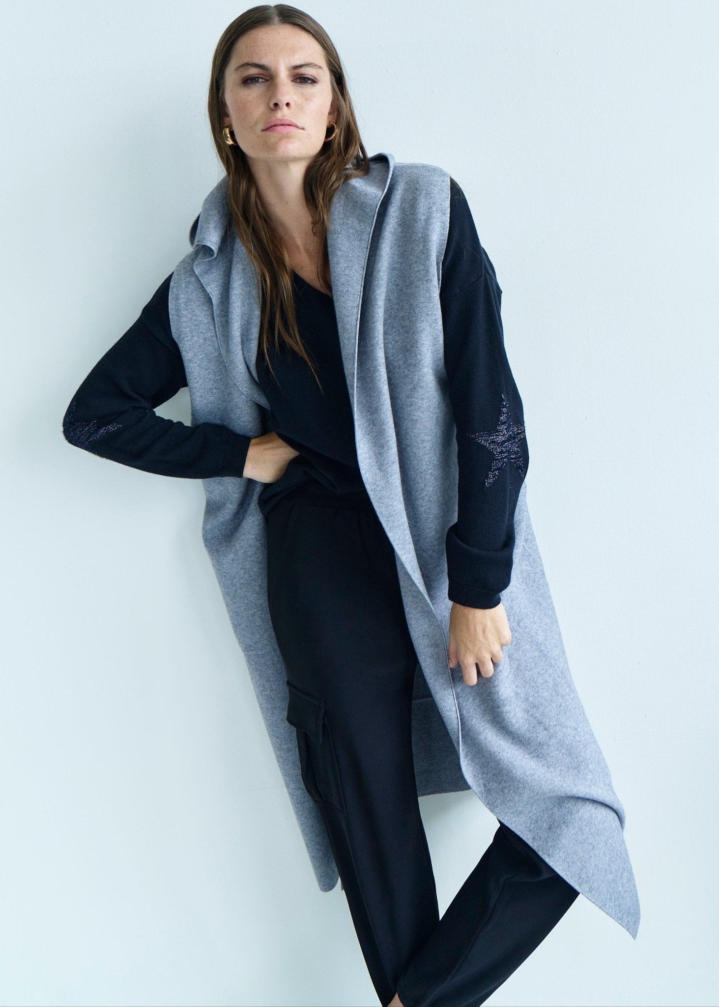 View our Camille Sleeveless Knitted Viscose Coat in Grey - by Tribute Store