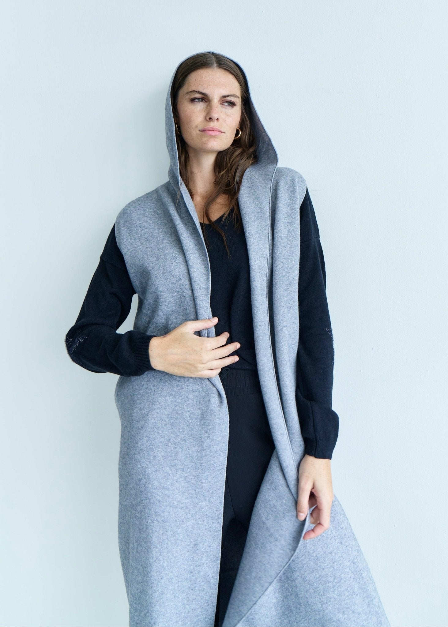 View our Camille Sleeveless Knitted Viscose Coat in Grey - by Tribute Store