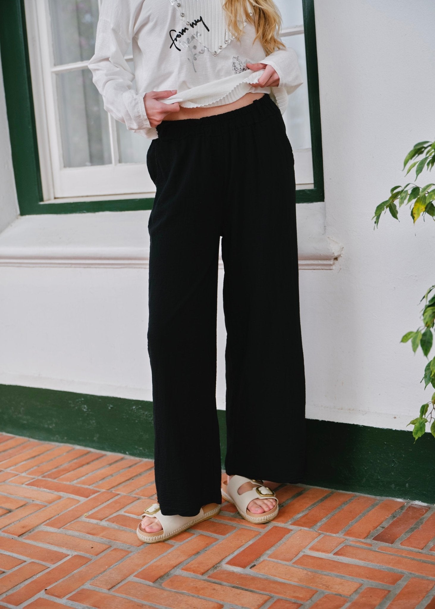 View our Camogli Italian Cotton Linen Palazzo Pants in Black - by Tribute Store