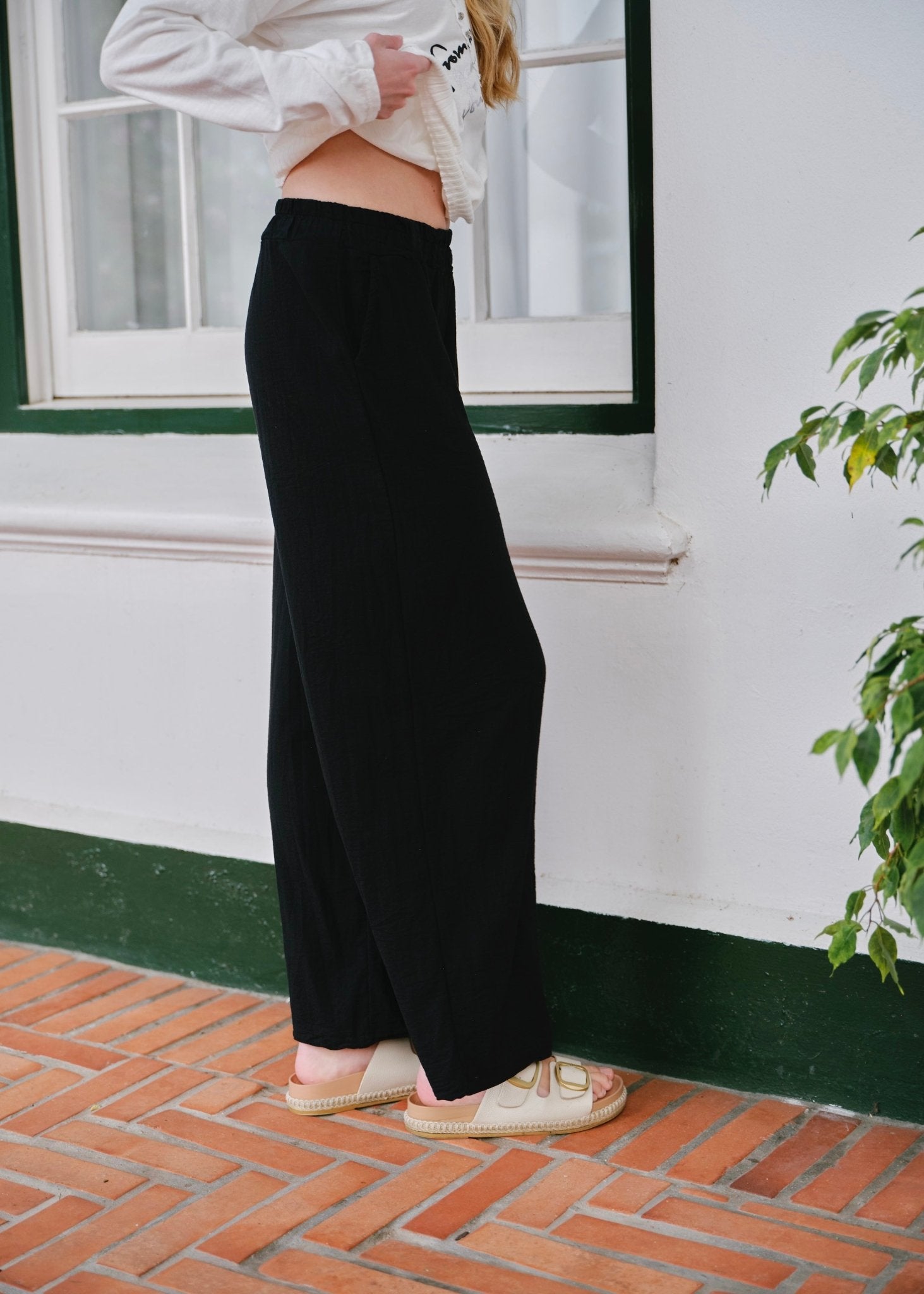 View our Camogli Italian Cotton Linen Palazzo Pants in Black - by Tribute Store