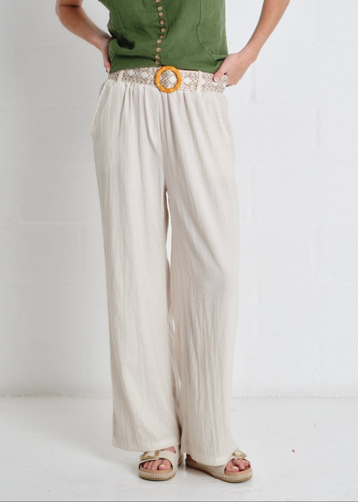 View our Camogli Palazzo Linen Blend Pants In Beige - by Tribute Store