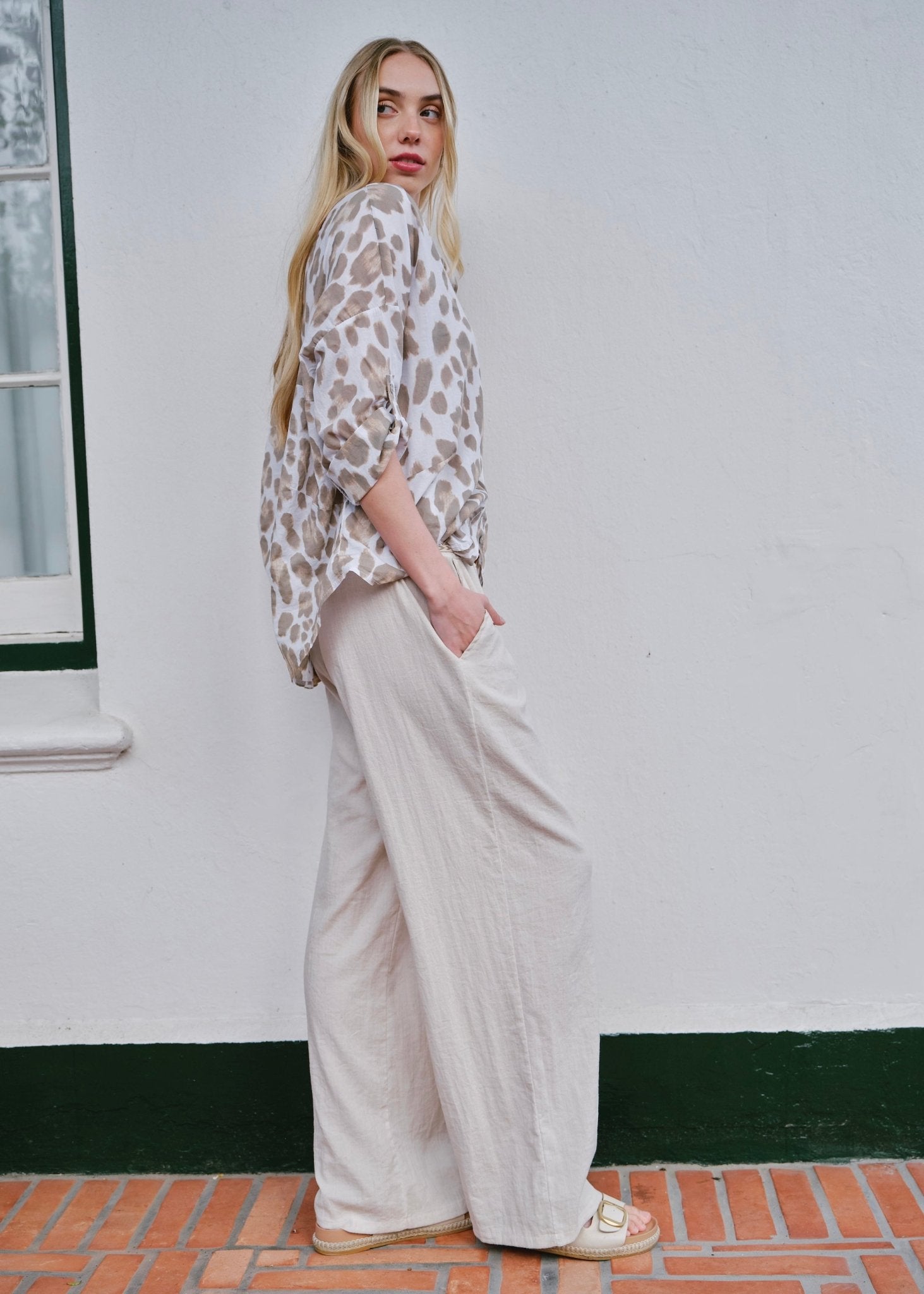 View our Camogli Palazzo Linen Blend Pants In Beige - by Tribute Store
