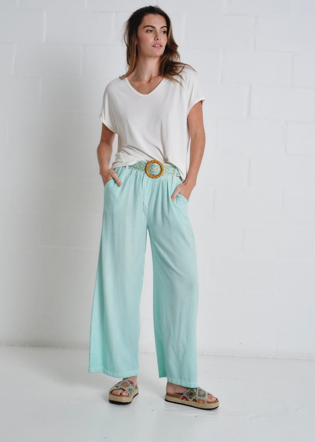 View our Camogli Palazzo Linen Blend Pants In Turquoise - by Tribute Store