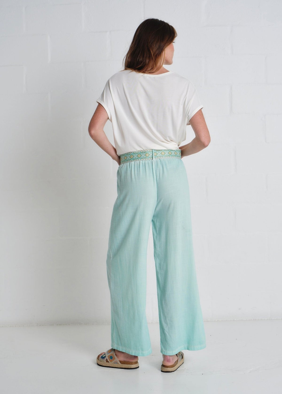 View our Camogli Palazzo Linen Blend Pants In Turquoise - by Tribute Store