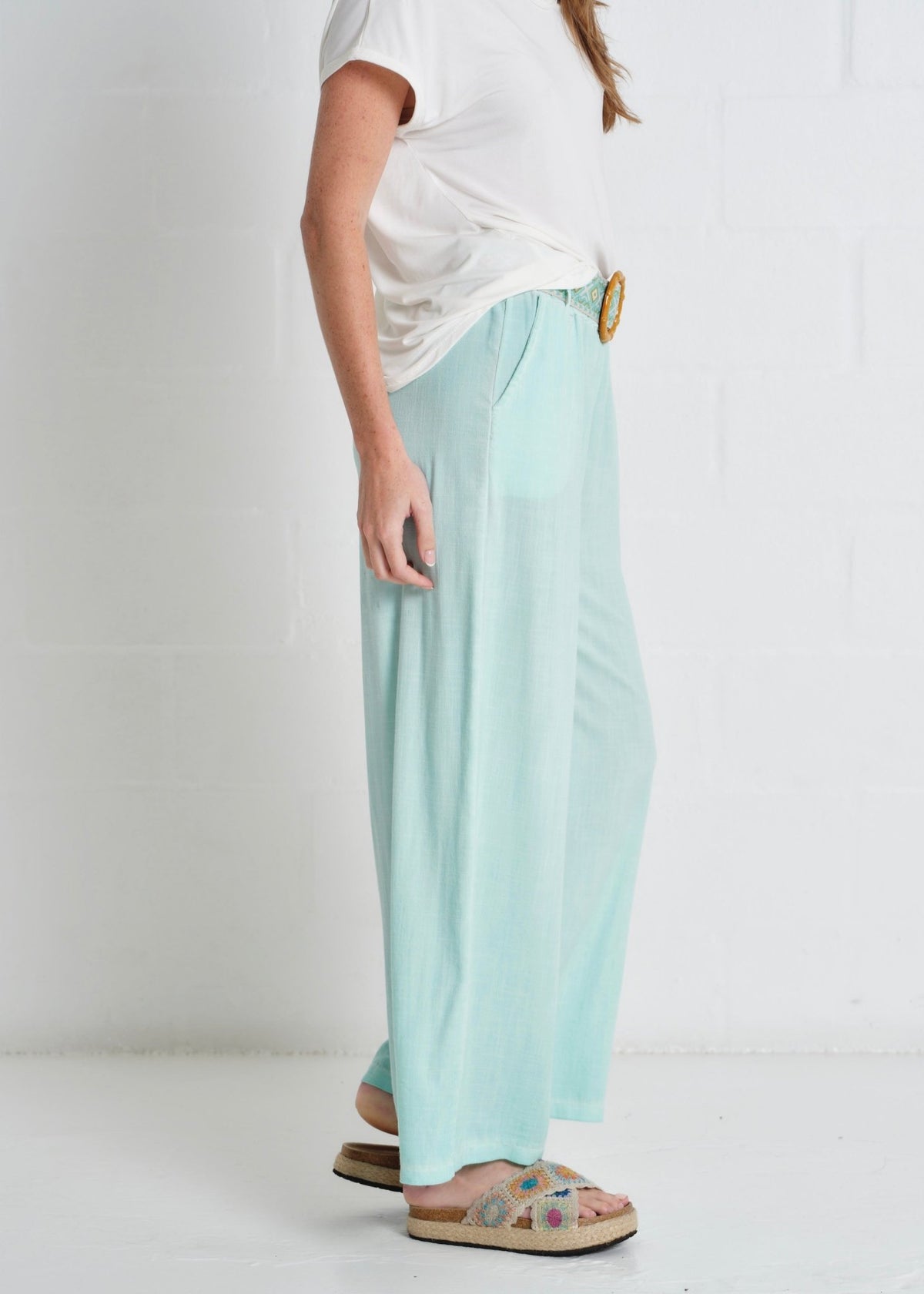 View our Camogli Palazzo Linen Blend Pants In Turquoise - by Tribute Store