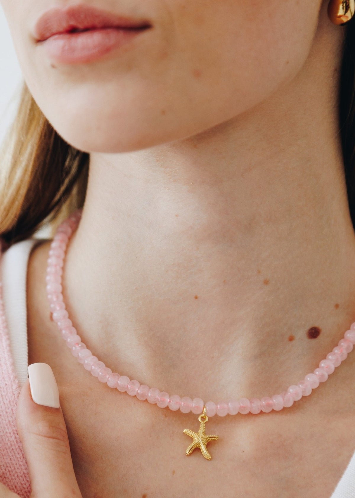 View our Candy Rose Quartz Starfish Stone Necklace - by Tribute Store
