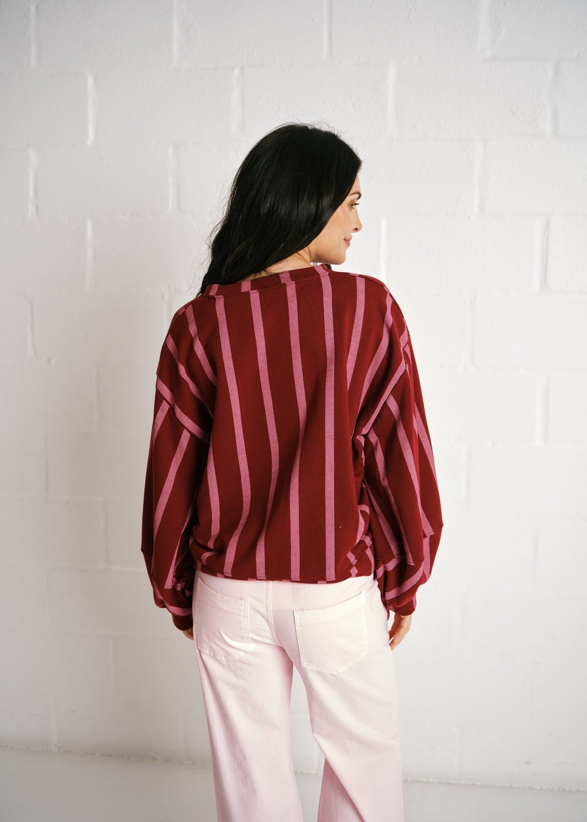 View our Cannes La Vie Est Belle Striped Sweatshirt In Burgundy Pink - by Tribute Store