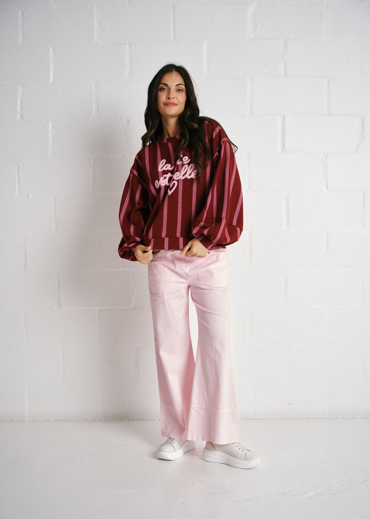 View our Cannes La Vie Est Belle Striped Sweatshirt In Burgundy Pink - by Tribute Store