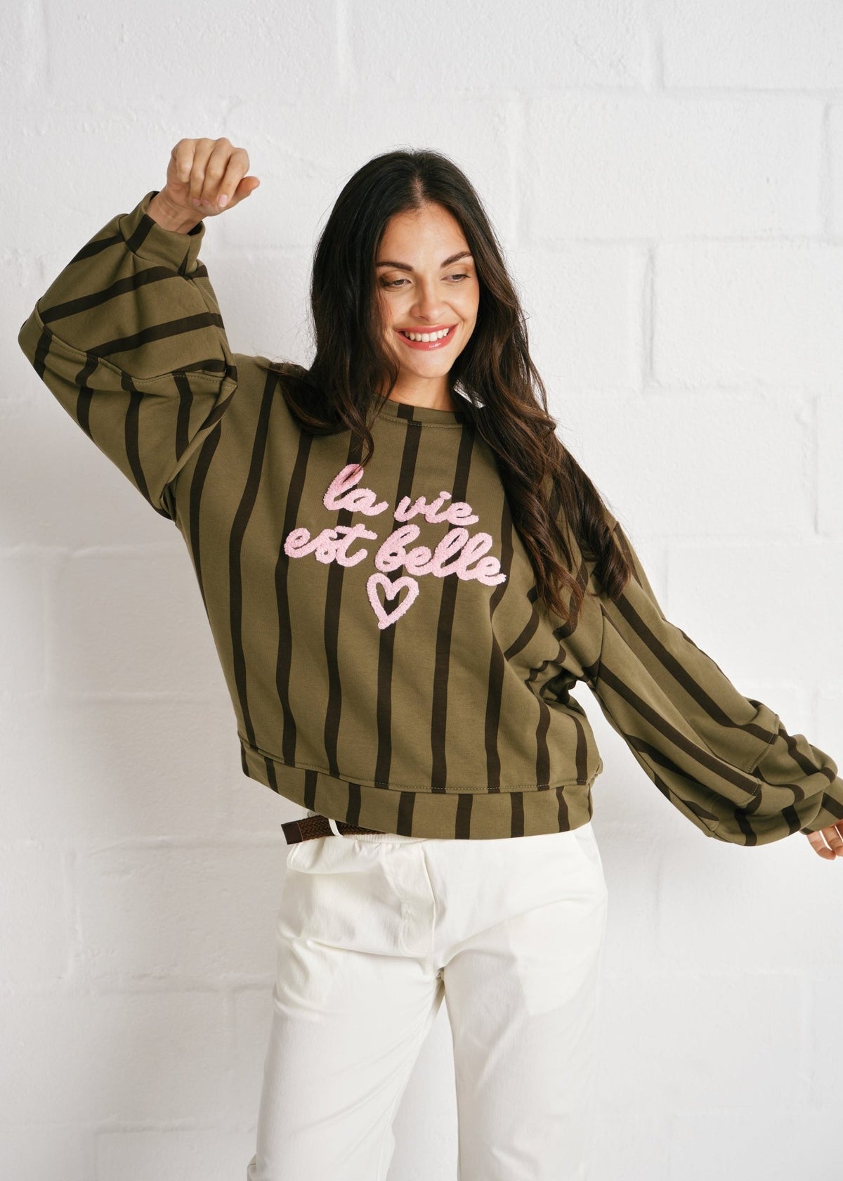 View our Cannes La Vie Est Belle Striped Sweatshirt in Khaki/Brown - by Tribute Store