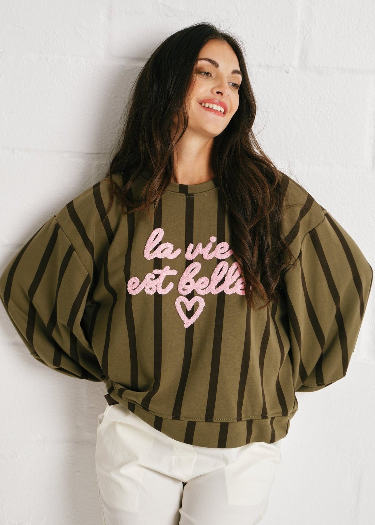 View our Cannes La Vie Est Belle Striped Sweatshirt in Khaki/Brown - by Tribute Store