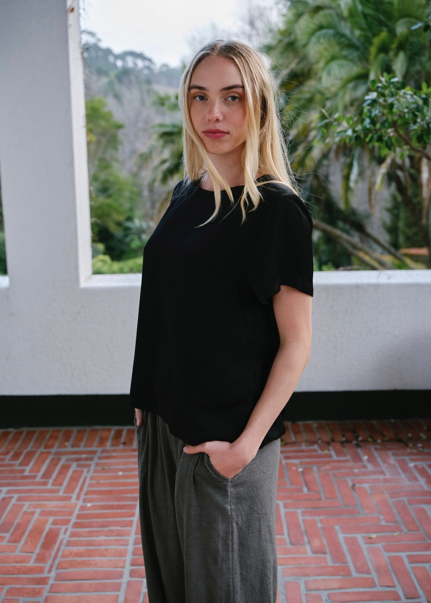 View our Capri Italian Silk Blend Tee in Black - by Tribute Store