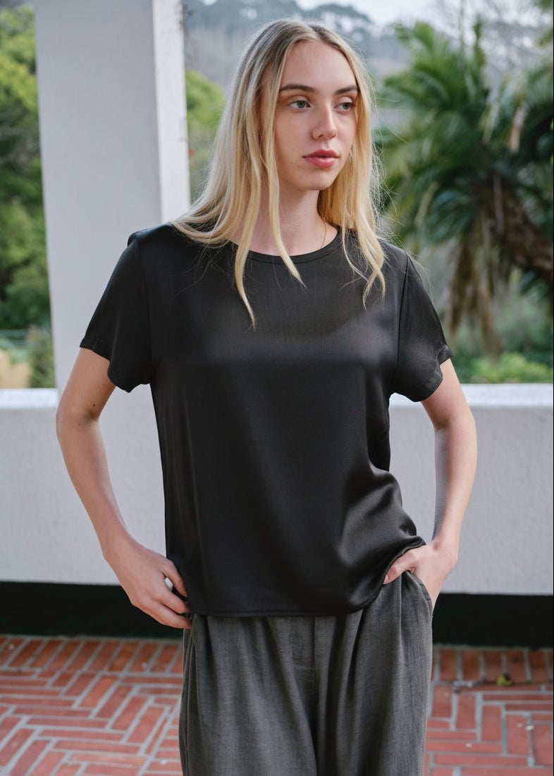 View our Capri Italian Silk Blend Tee in Black - by Tribute Store