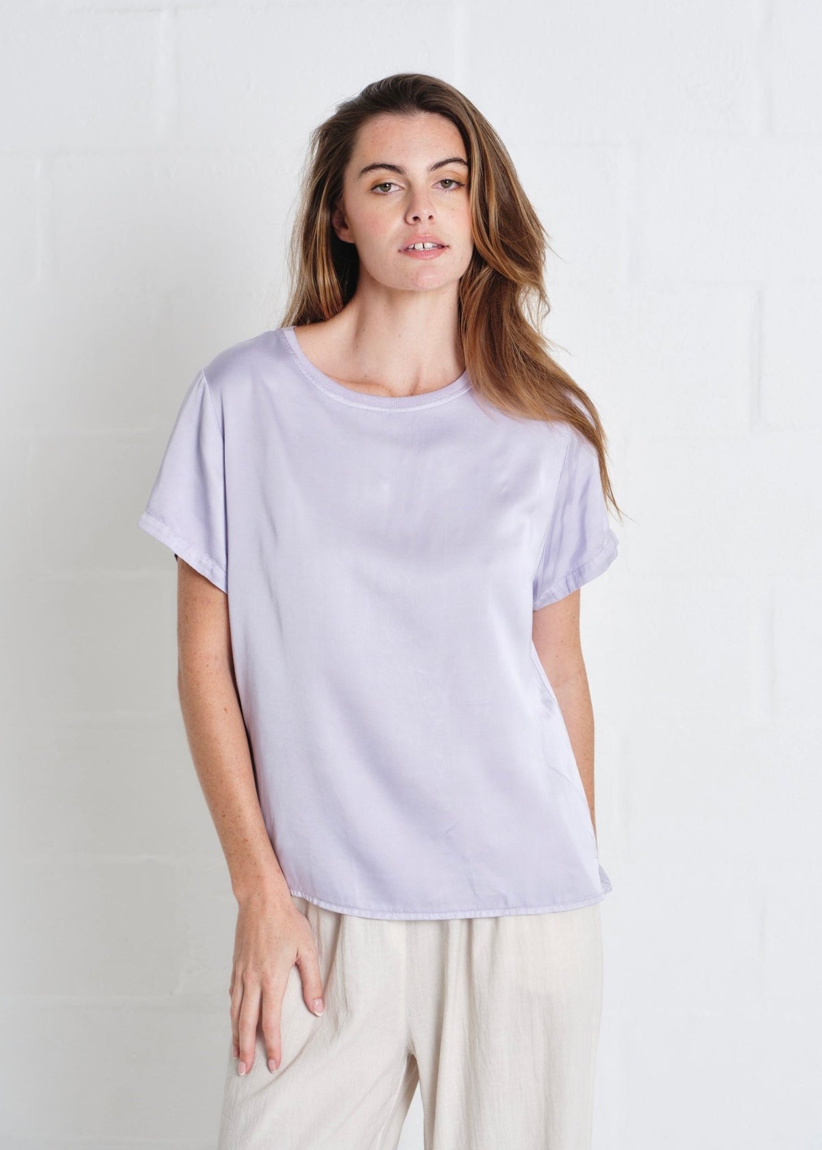 View our Capri Italian Silk Blend Tee in Lilac - by Tribute Store