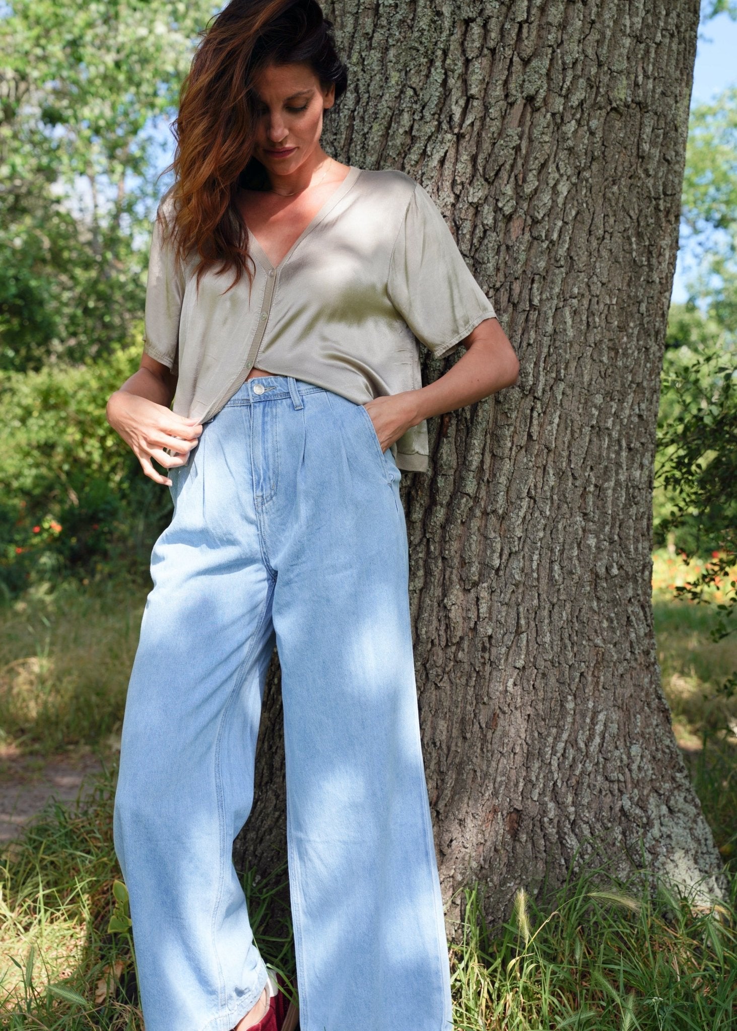 View our Charli Palazzo Jeans with front Pleats in Blue - by Tribute Store
