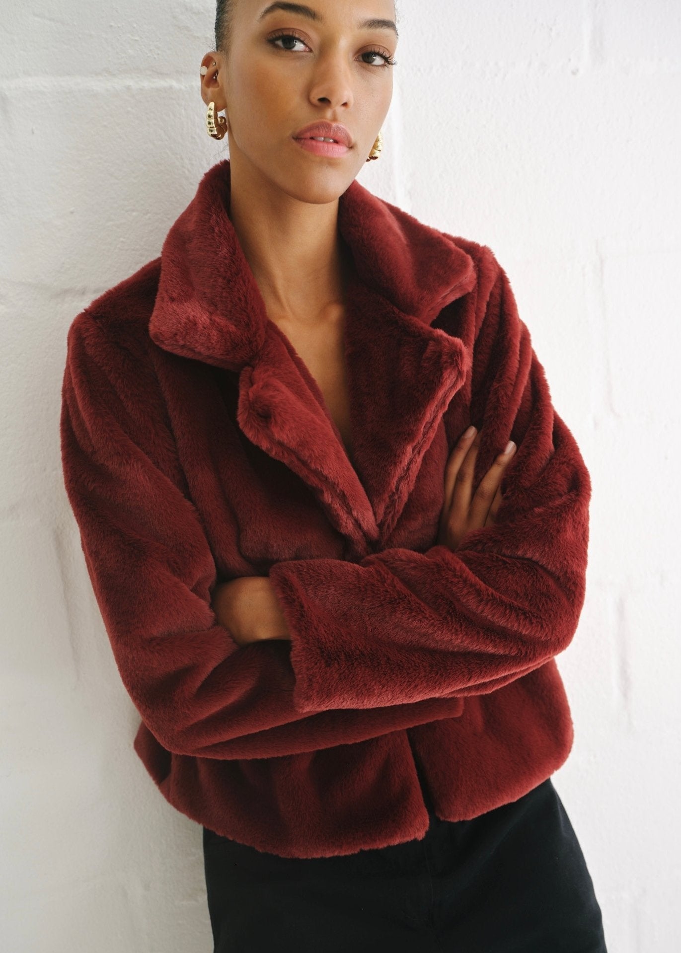View our Chic Burgundy Faux Fur Jacket - by Tribute Store