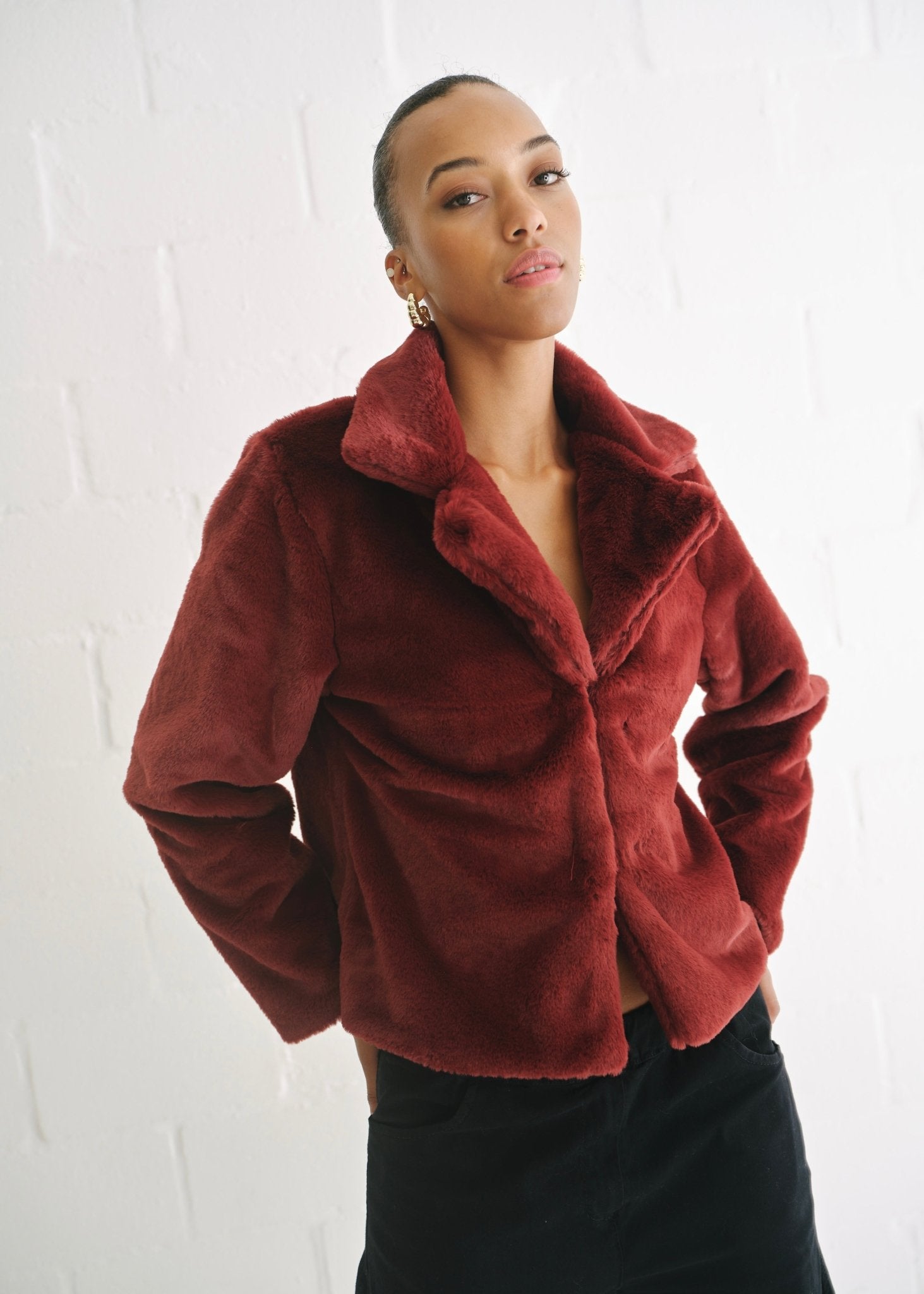 View our Chic Burgundy Faux Fur Jacket - by Tribute Store