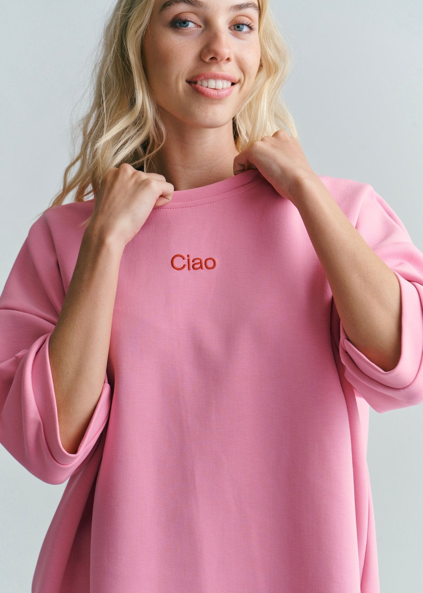 View our Ciao Embroidered Tee In Hot Pink - by Tribute Store
