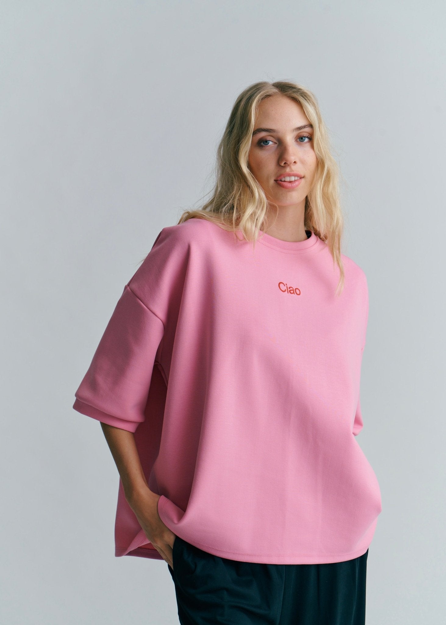 View our Ciao Embroidered Tee In Hot Pink - by Tribute Store