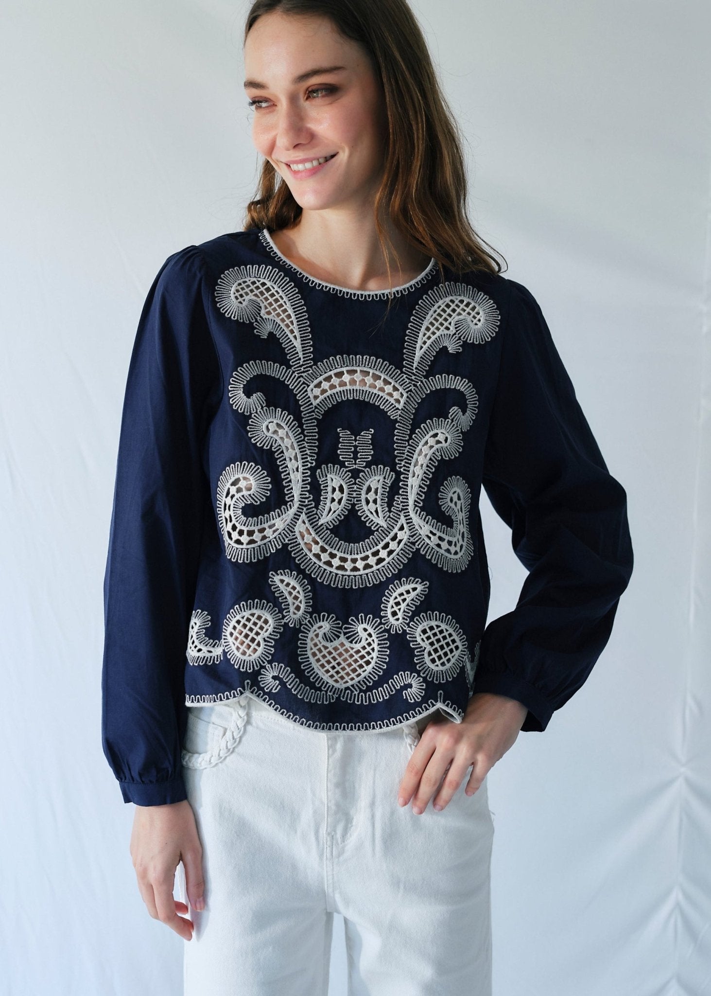 View our Cleo Cotton Blouse with White Motif in Navy Blue - by Tribute Store