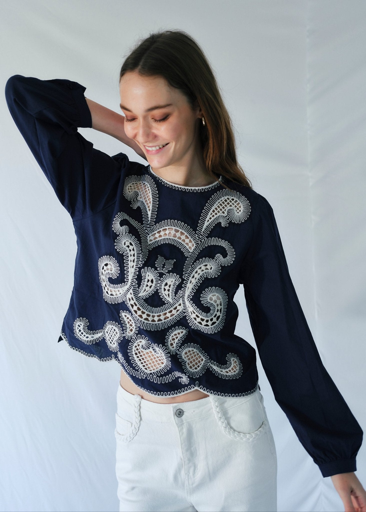 View our Cleo Cotton Blouse with White Motif in Navy Blue - by Tribute Store