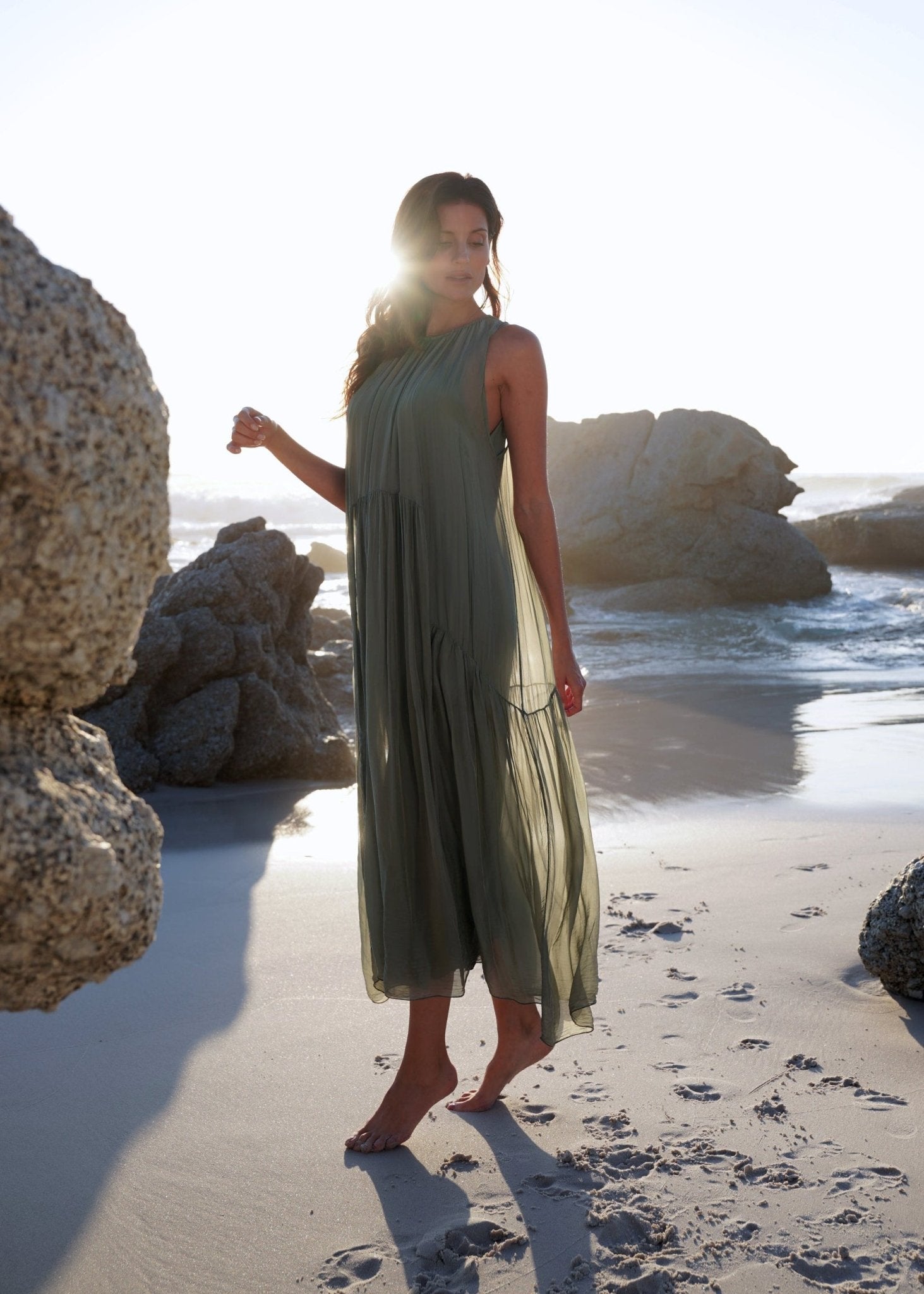 View our Copacabana Sleeveless Silk Maxi Dress In Khaki - by Tribute Store