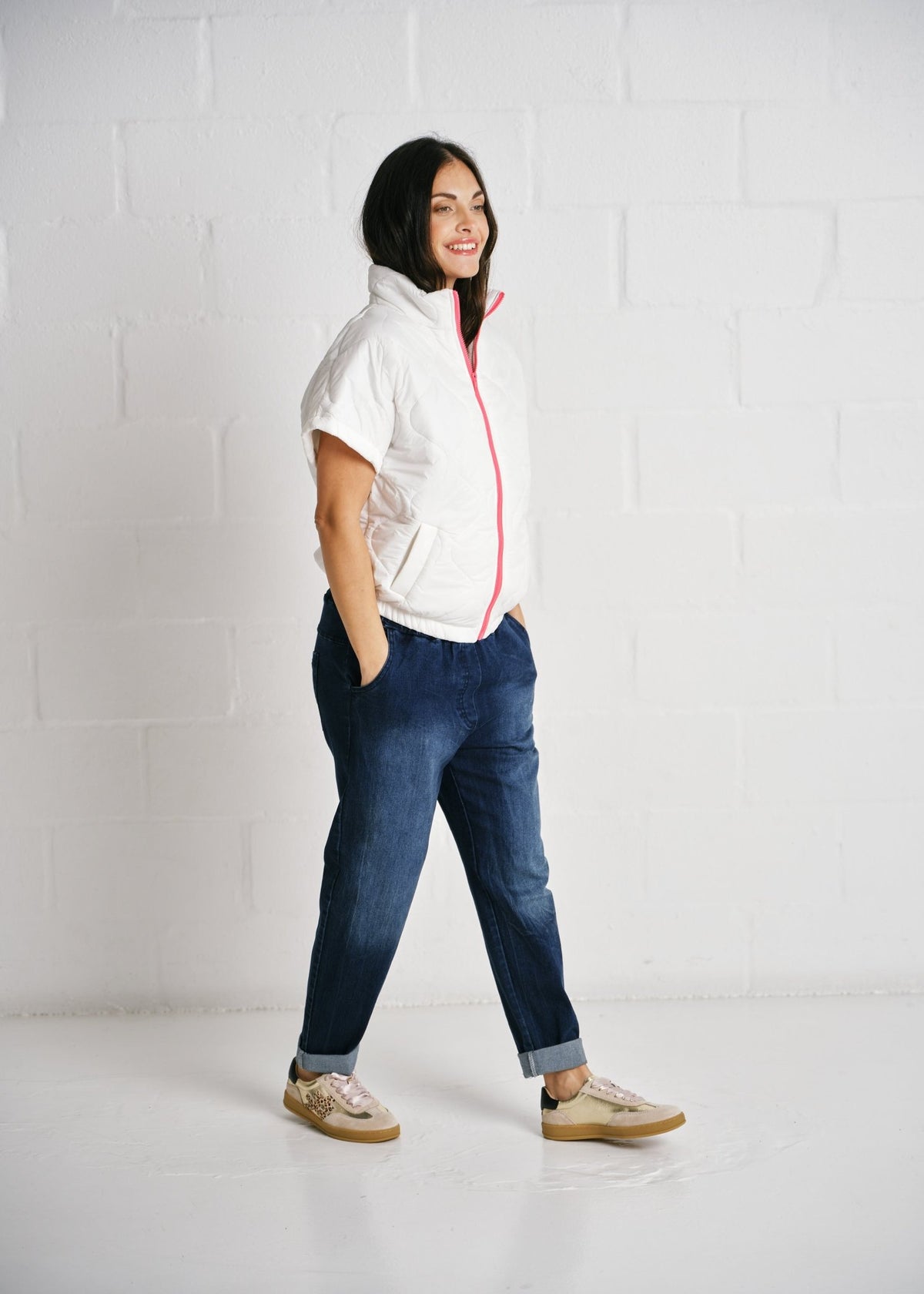 View our Cortina Quilted Short Sleeve Puffer Jacket With Pink Zip In White - by Tribute Store