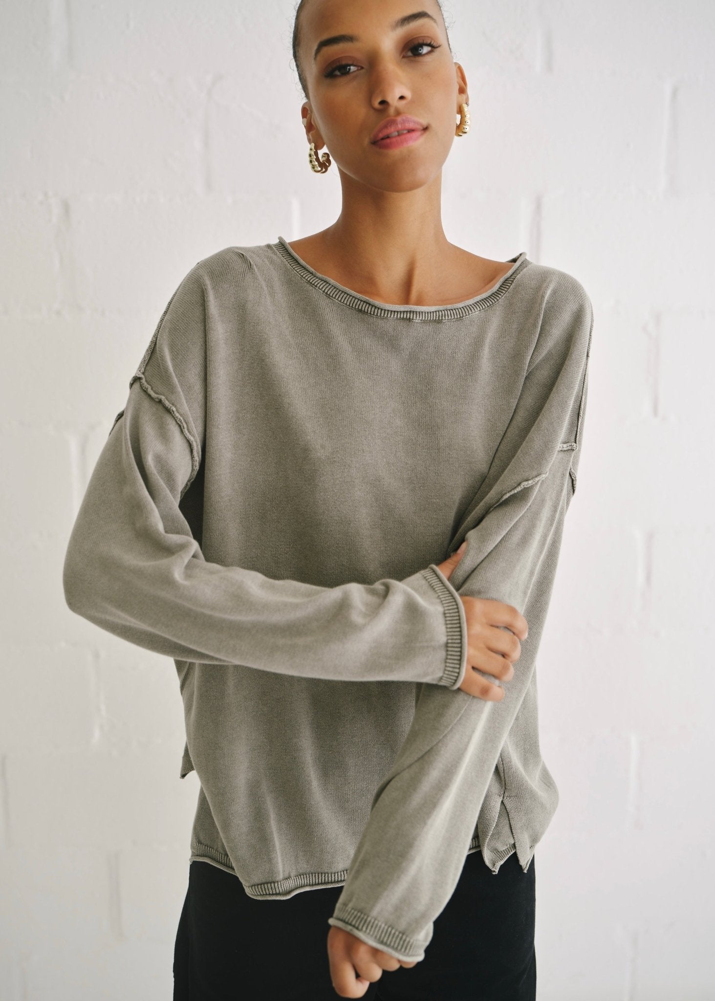 View our Cotton Stonewashed Boatneck Knit In Grey - by Tribute Store